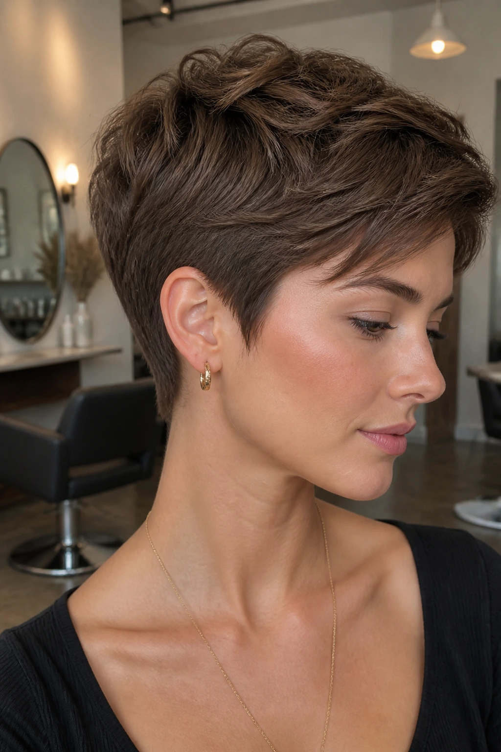 Close-up portrait of a real person with a long pixie and nape taper