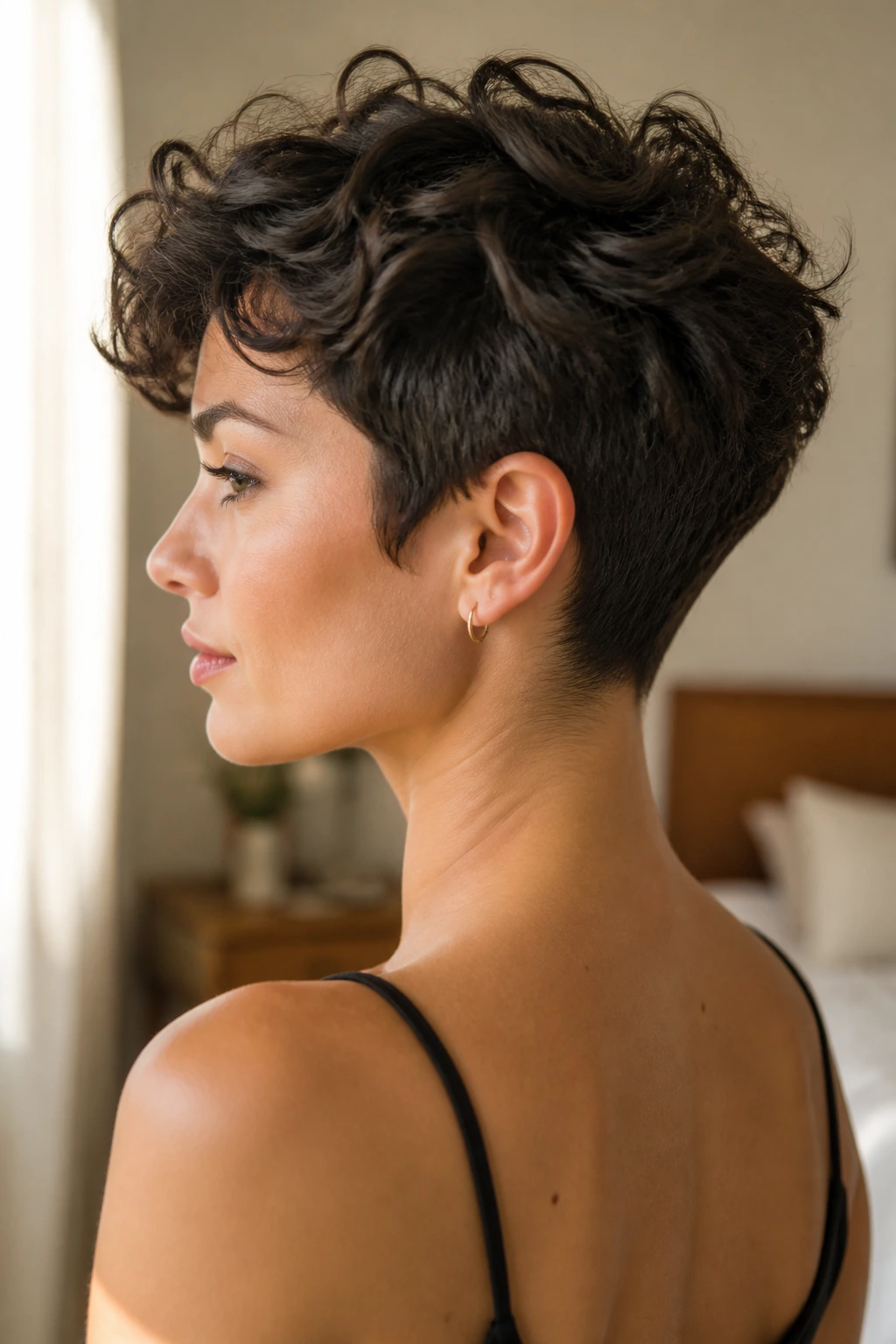Close-up portrait of a real woman with a long pixie and nape taper.