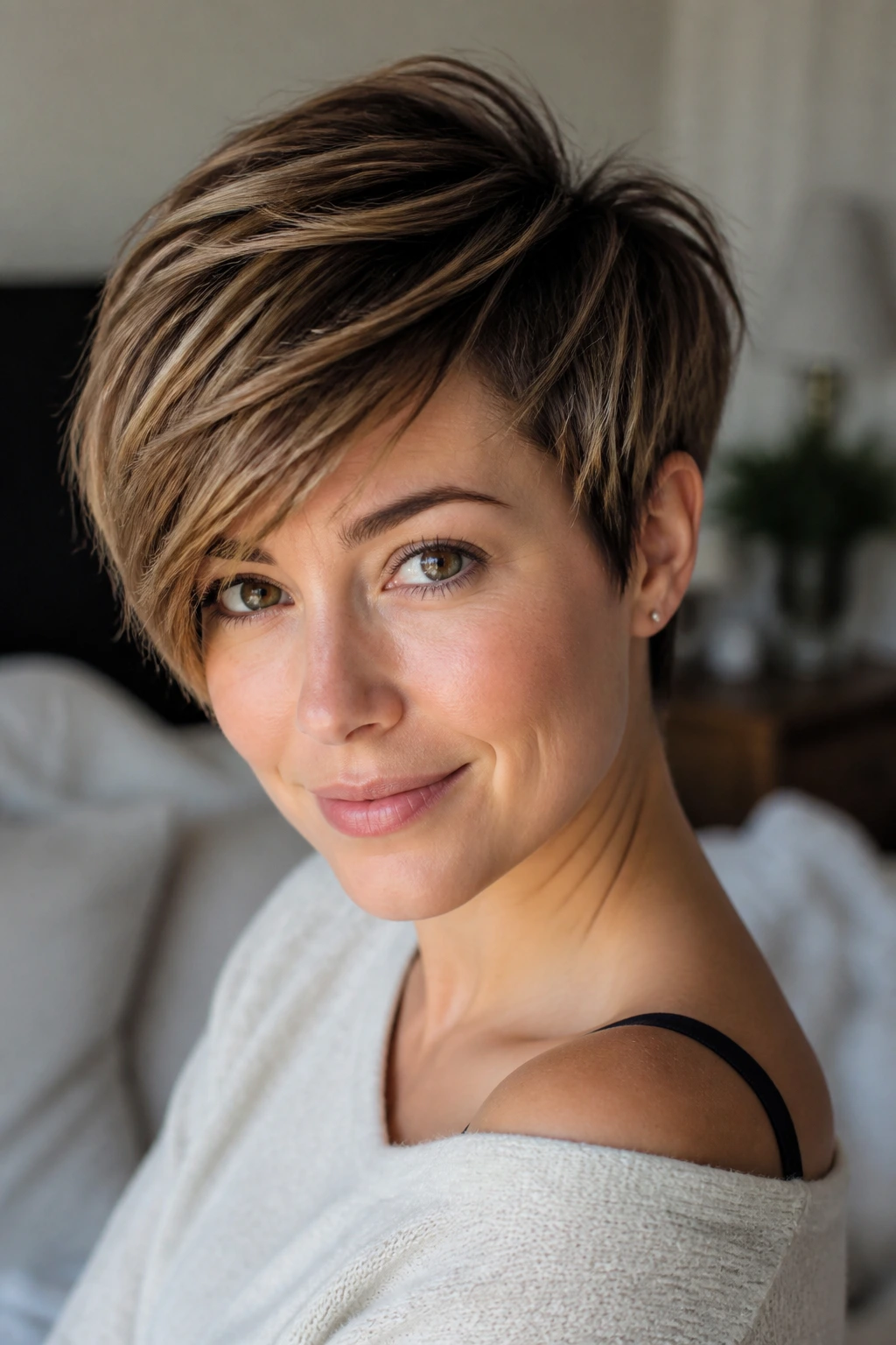 Portrait of a real woman with a long pixie and side bangs