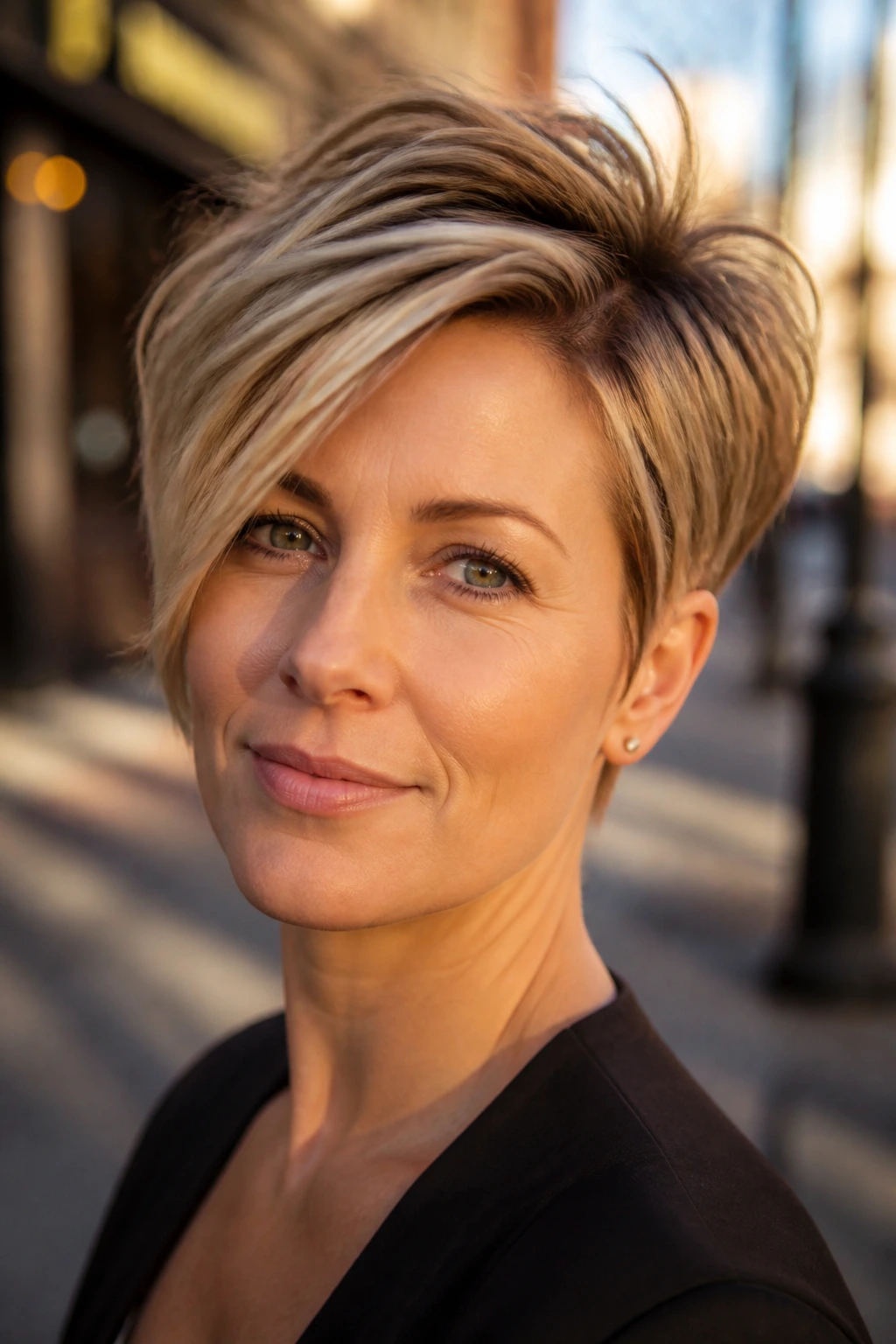 Portrait of a real woman with a long pixie and side sweep