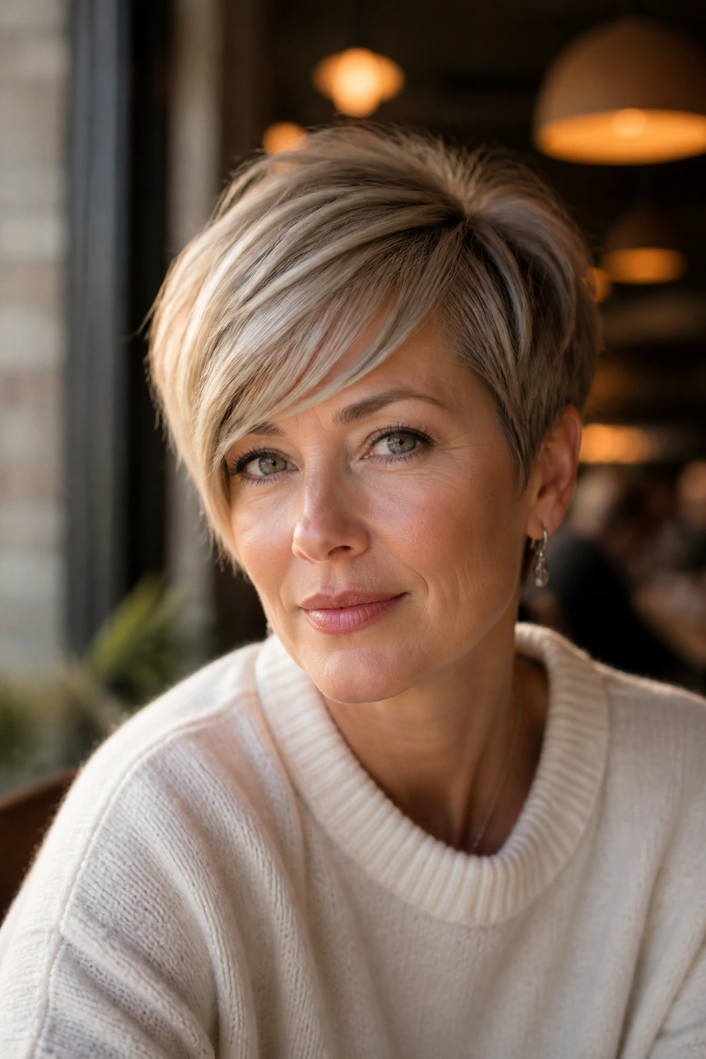 Close-up portrait of a real woman with a long pixie and swept fringe in warm cafe lighting.