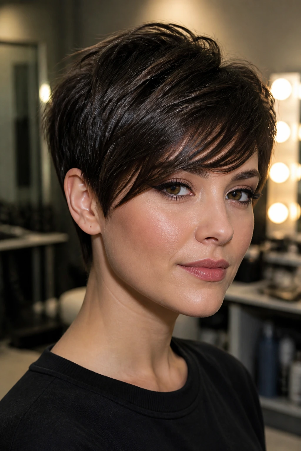 Close-up of a real person with long pixie and swept fringe