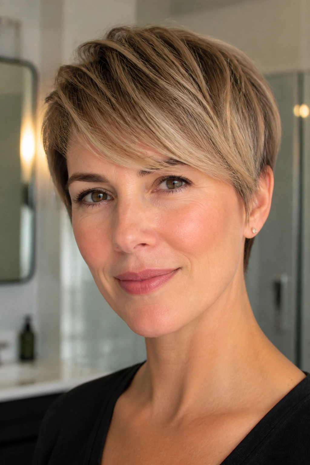 Close-up of a woman with long pixie and swept fringe in warm indoor lighting