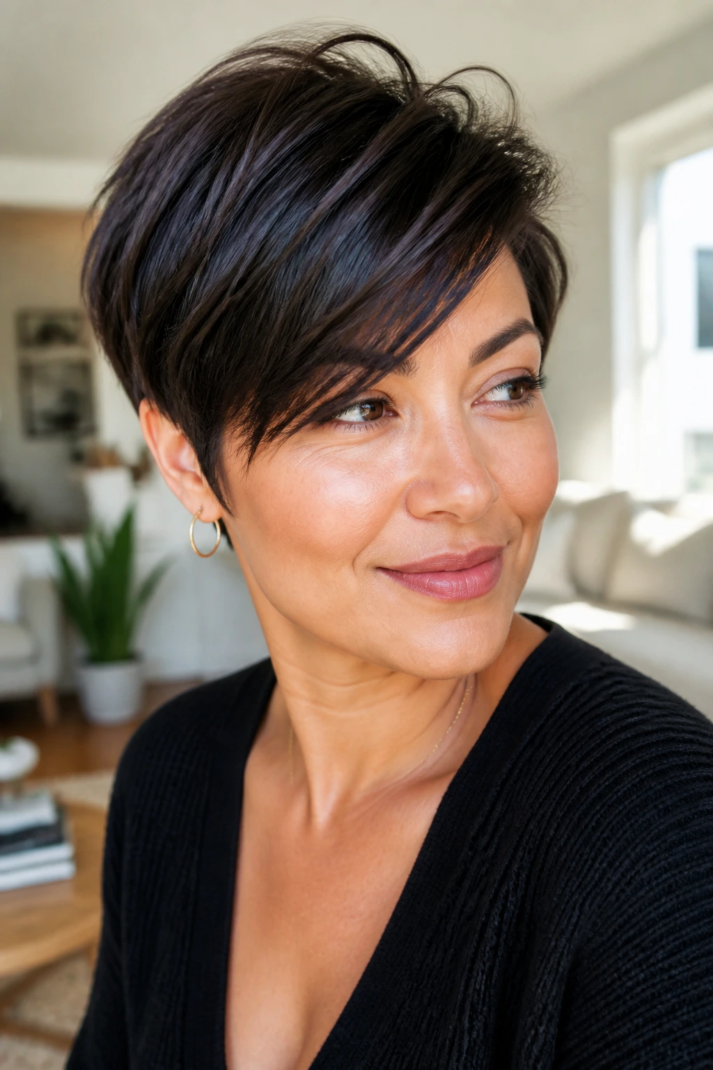 Close-up of real woman with long pixie and swept fringe in natural light.