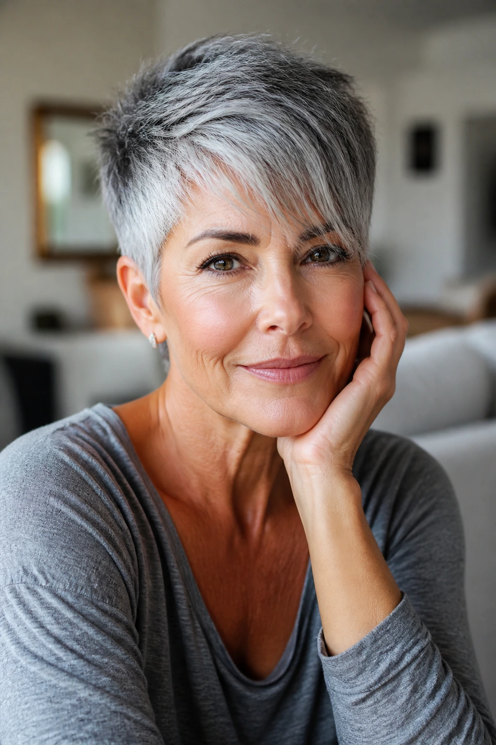 Portrait of a woman with a long pixie haircut sweeping fringe.
