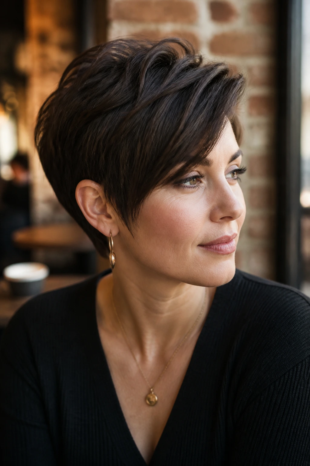 Portrait of a woman with a balanced long pixie showing clean silhouette for oval faces