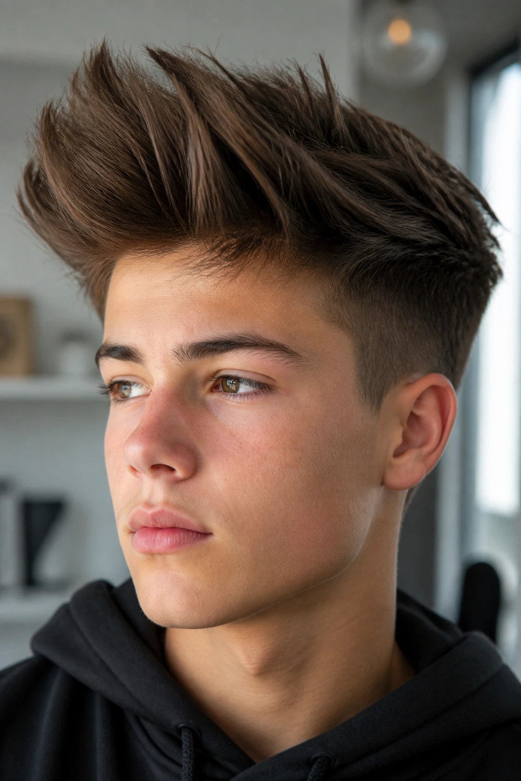 Close-up of a real boy with a long textured quiff in a modern home setting