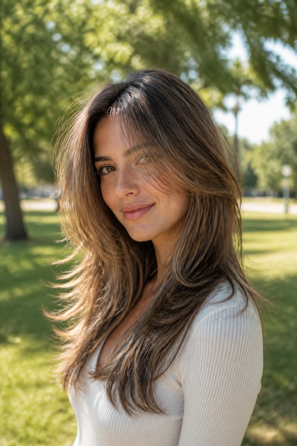 Real person with long razor layers showing airy movement in hair