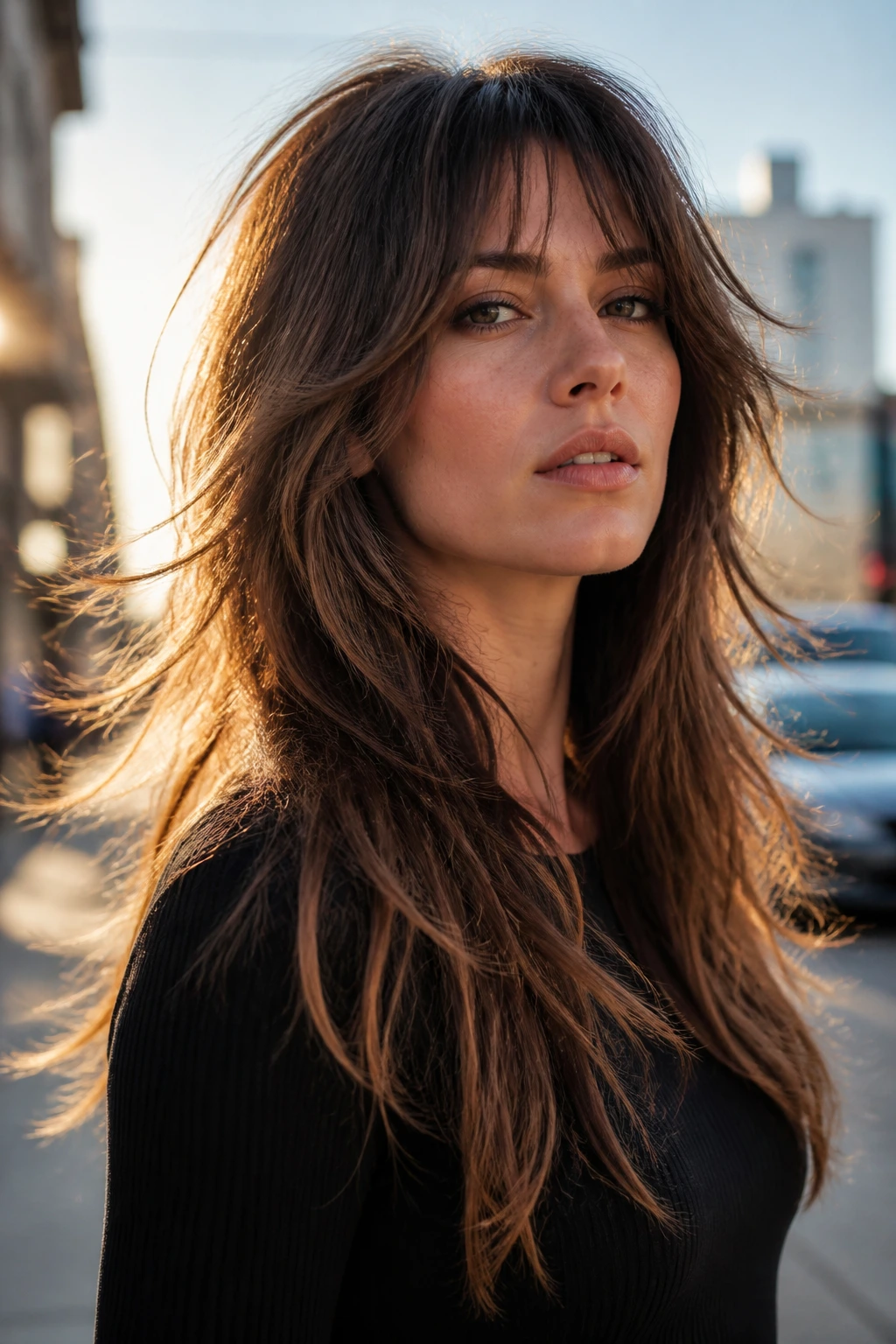 Portrait of a woman with long razor-cut shag showing movement and texture