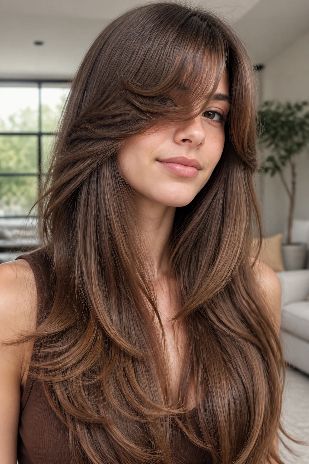 Real woman with very long hair displaying ribbon-like layers and side fringe.