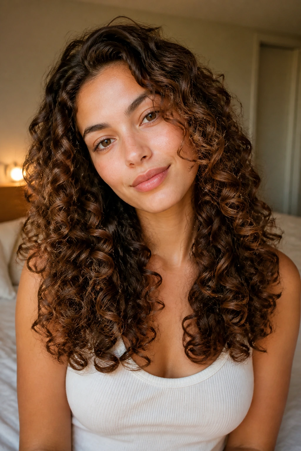 Close-up of long ringlets with rounded bottom layers on a real person in a cozy bedroom