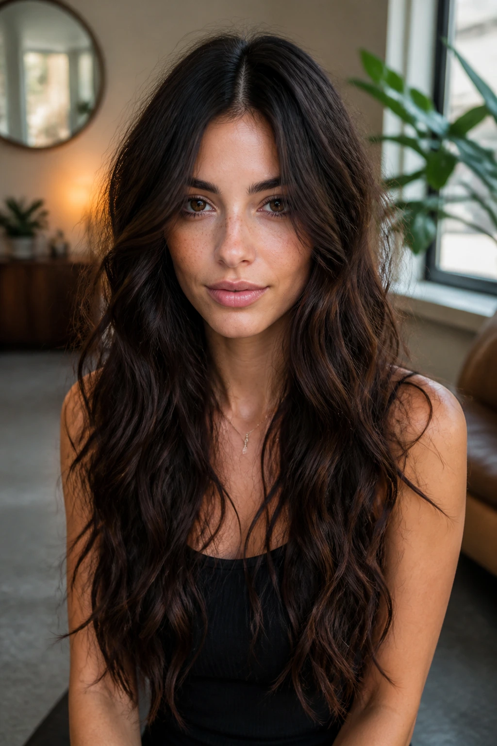 Portrait of a woman with long wavy hair and deep center part