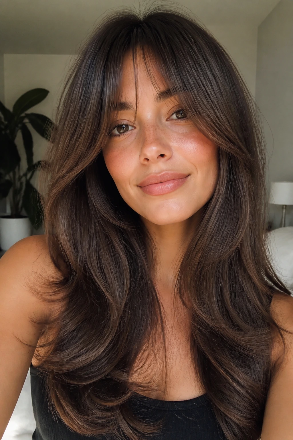Close-up of long rounded layers with blended fringe on a real person