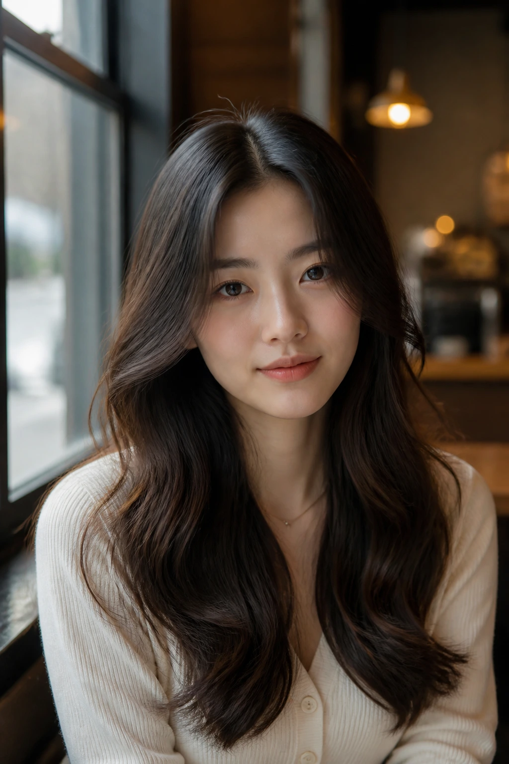 Close-up of a real woman with long S-shaped waves and a center part
