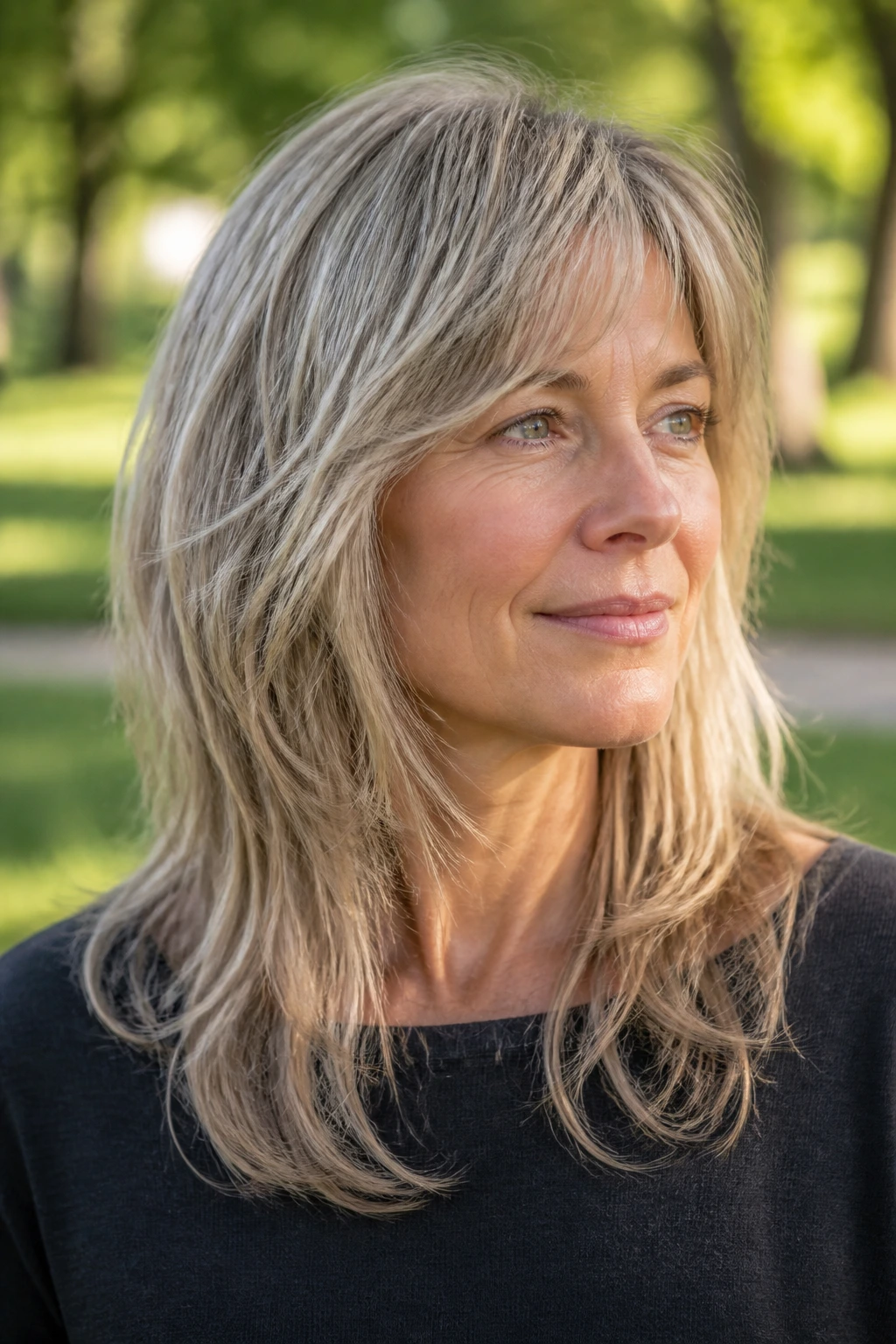 Close-up portrait of a real woman with long shag and airy ends