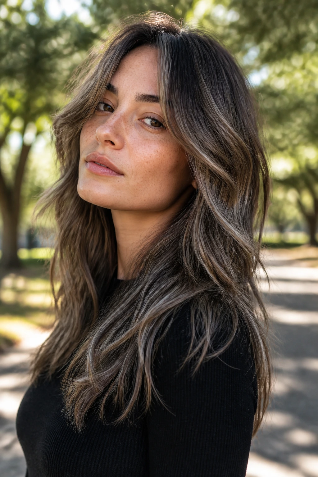 Medium close-up of a real woman with long shag and ash brown babylights