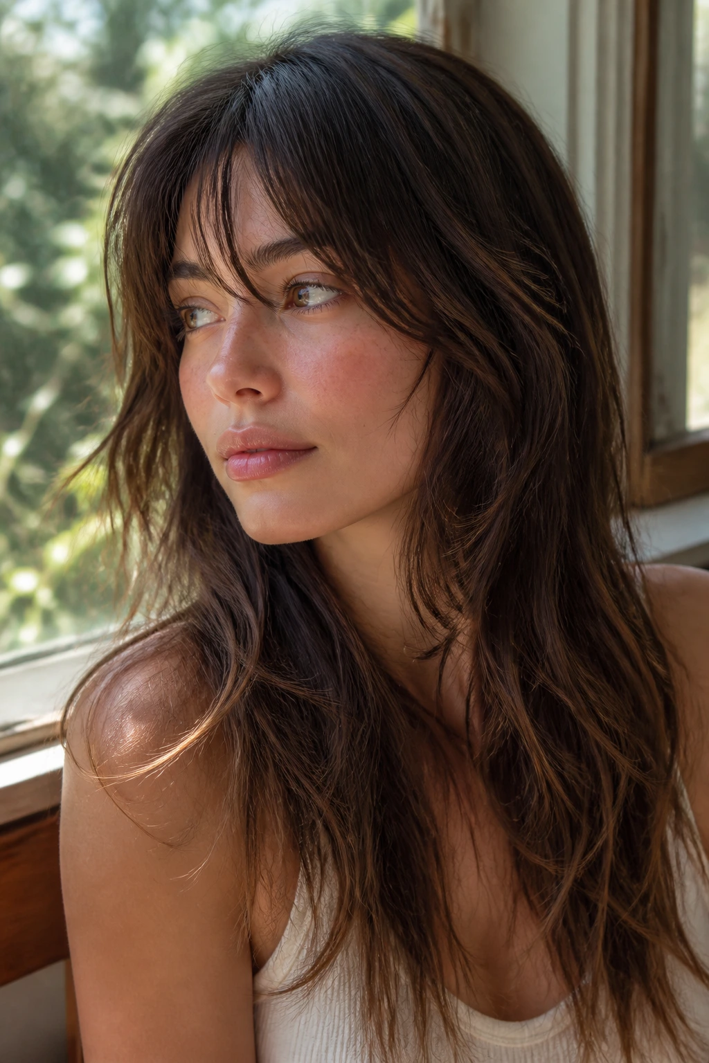 Close-up of a real woman with long shag bangs blending into layers.