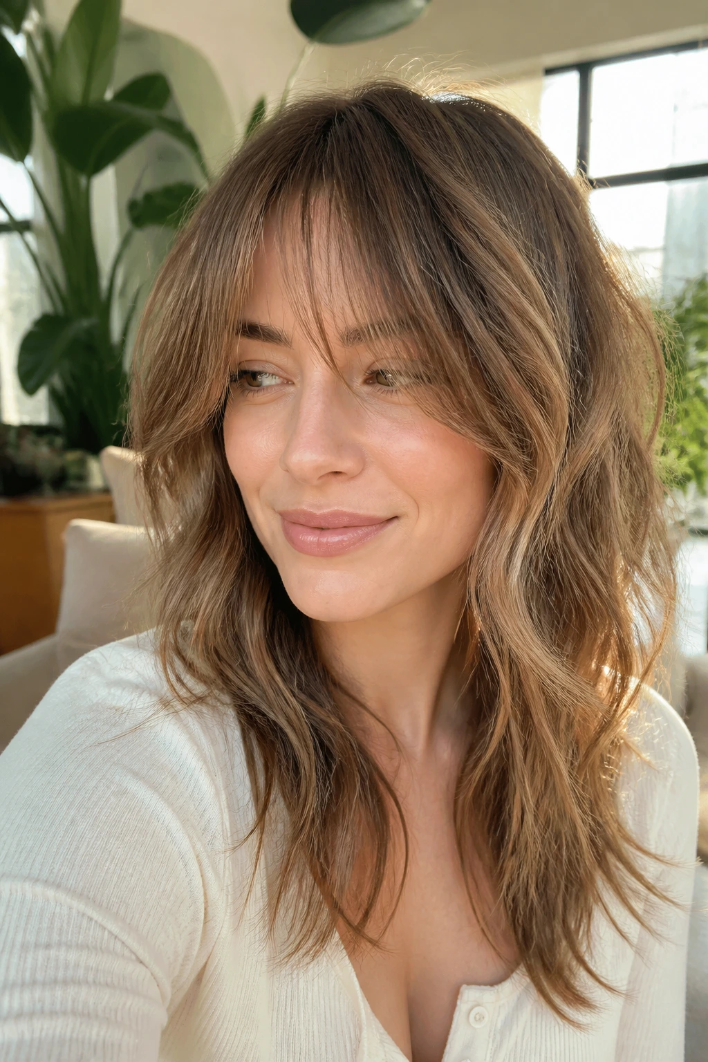 Portrait of a woman with textured long shag bangs in a sunlit room
