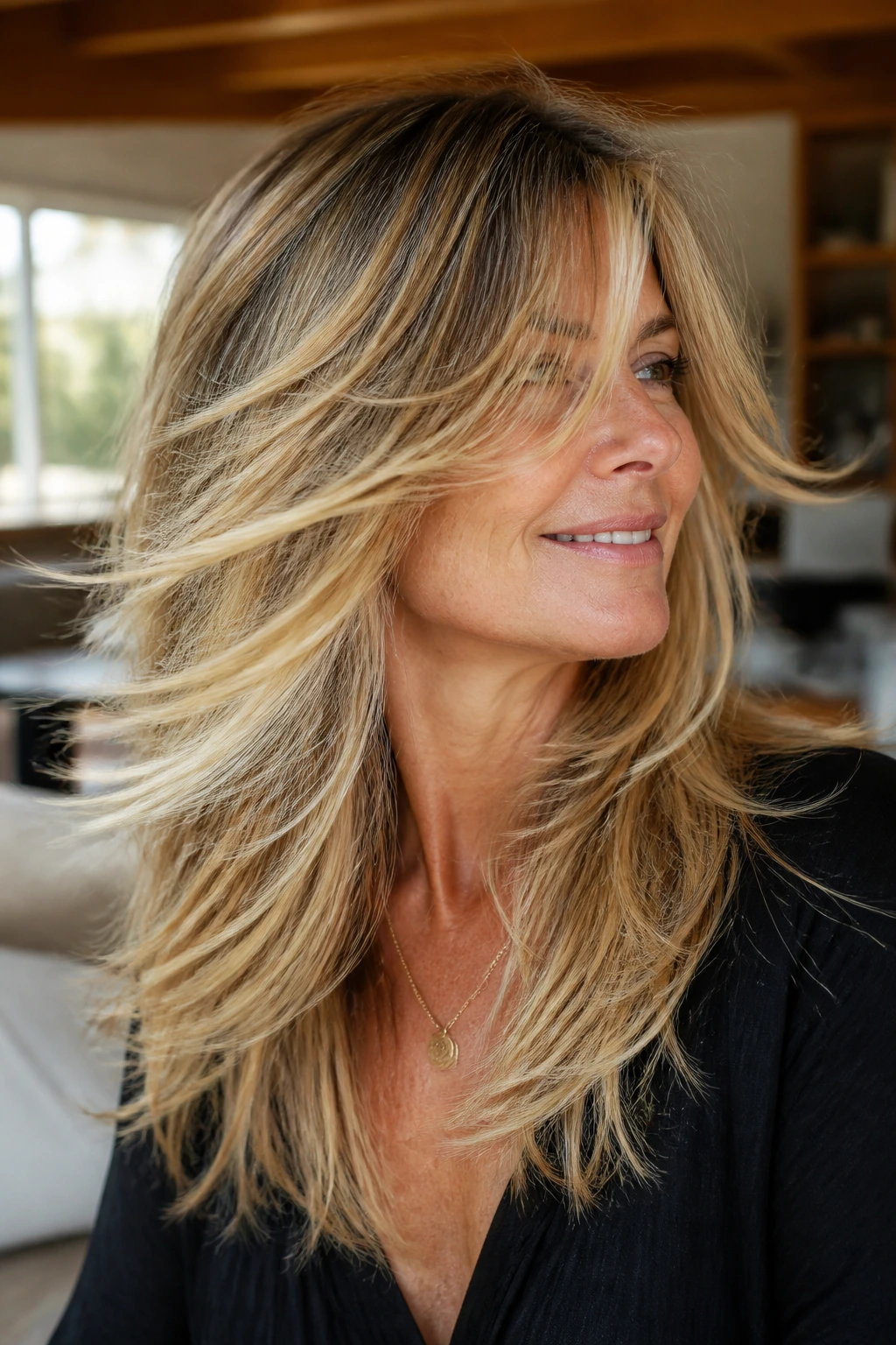 Close-up portrait of a real woman with a long shag in golden blonde highlights, lit by natural window light.