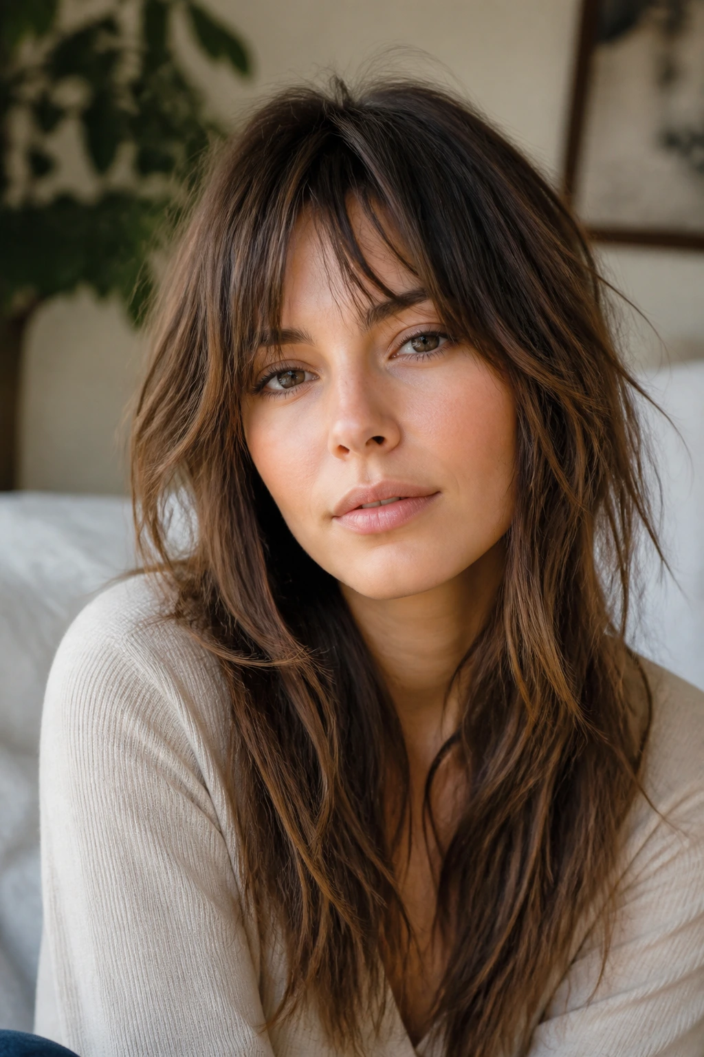 Portrait of a woman with long shag layers and broken fringe