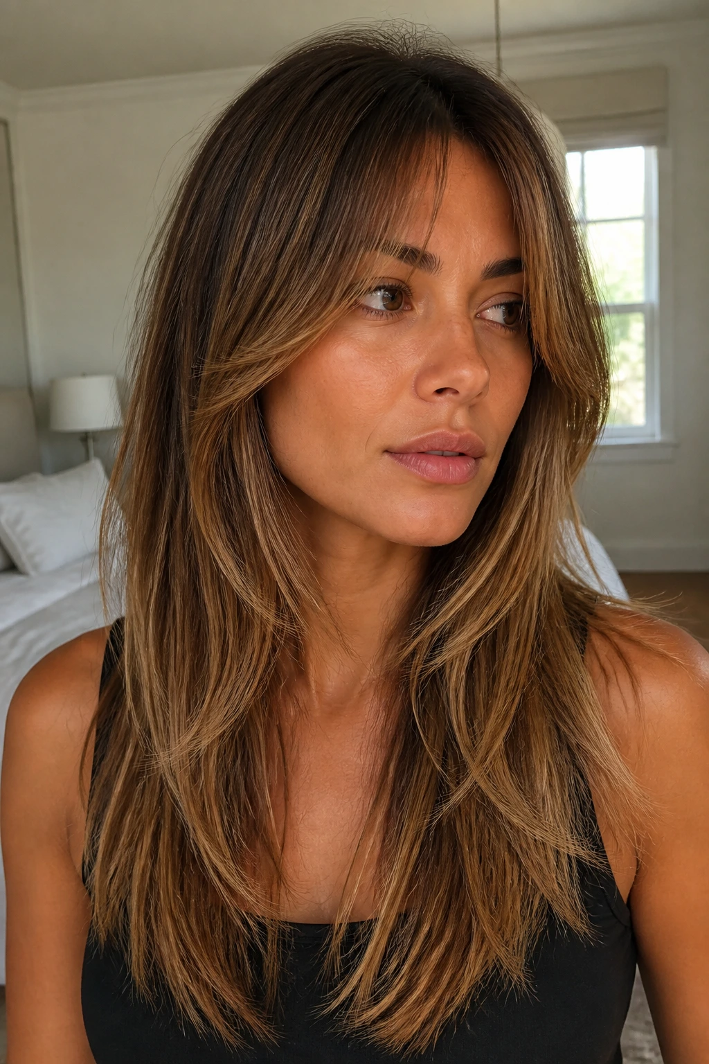 Close-up portrait of a woman with long shag hairstyle and caramel highlights