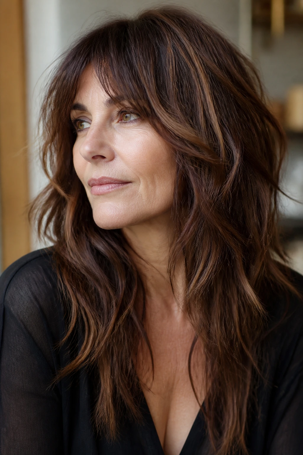 Close-up portrait of a real woman with long shag and chestnut lowlights