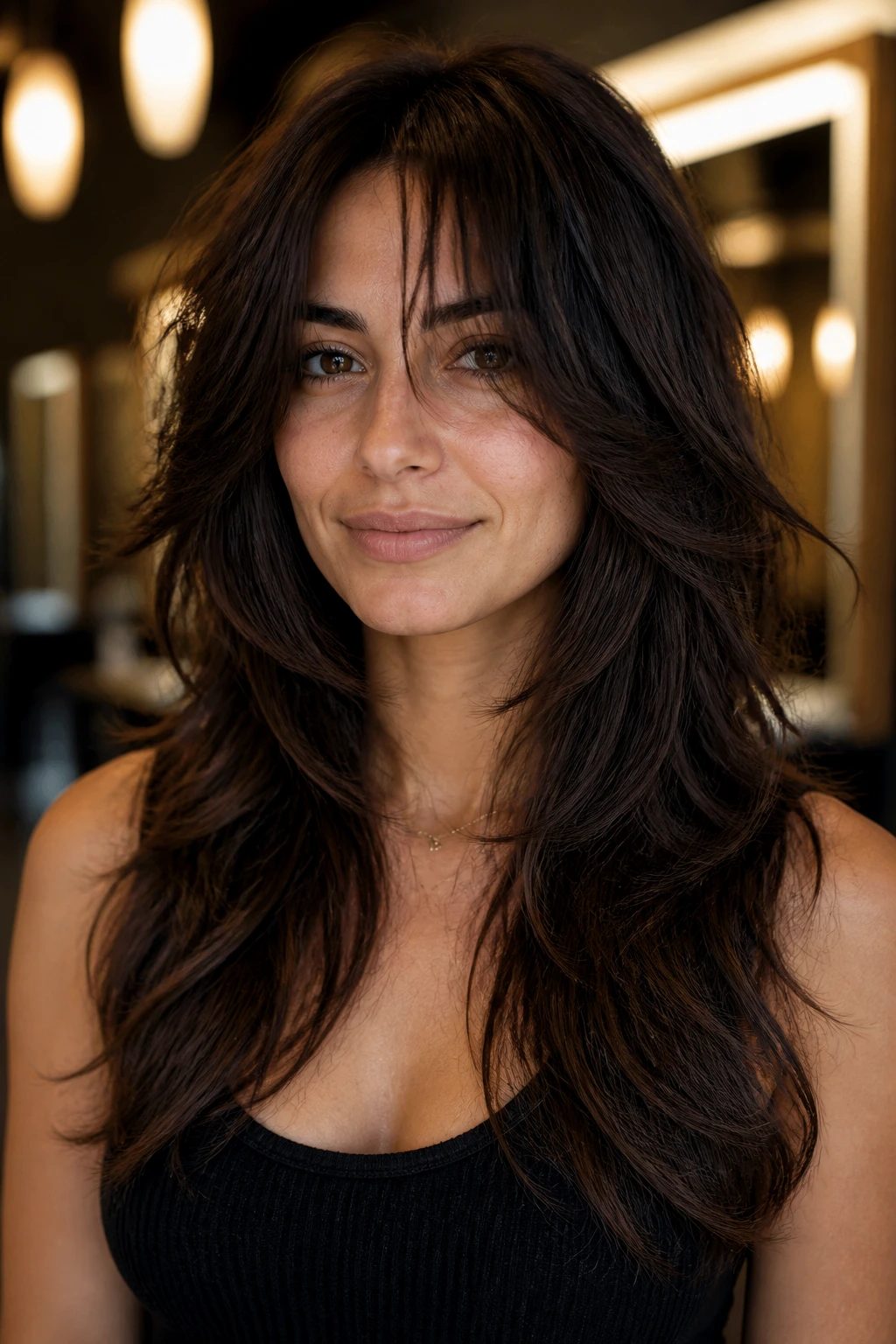 Close-up portrait of a real woman with a long shag and clean edge on thick hair.