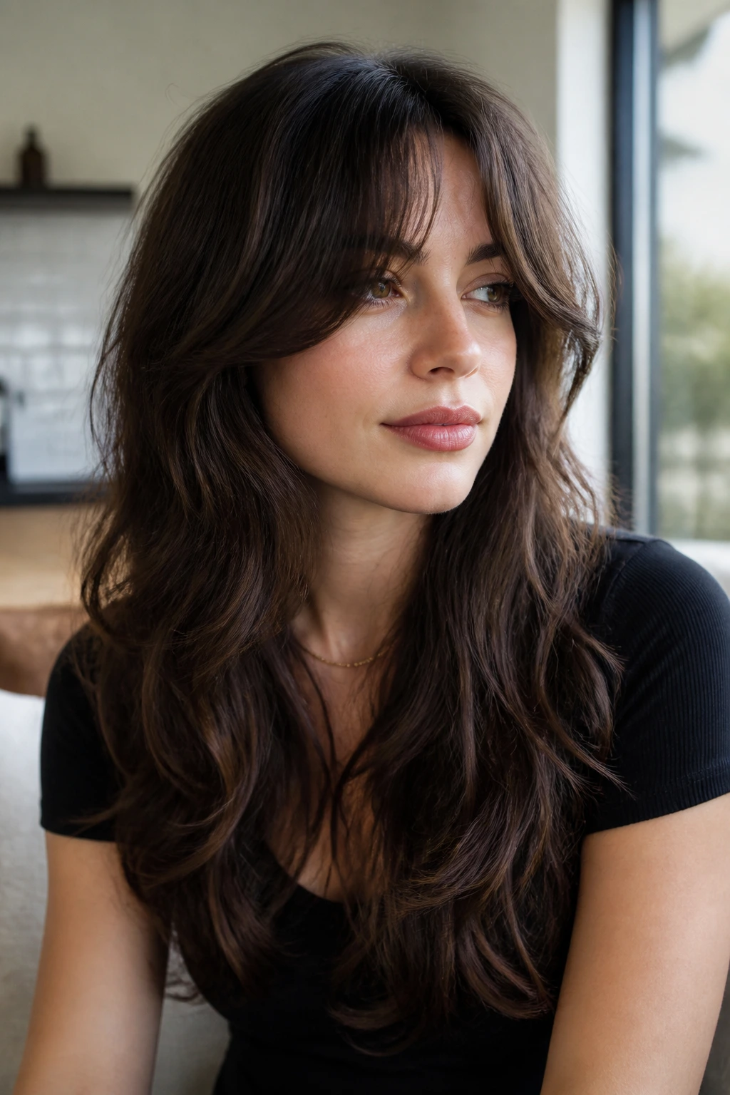 Close-up of woman with long shag and curtain bangs