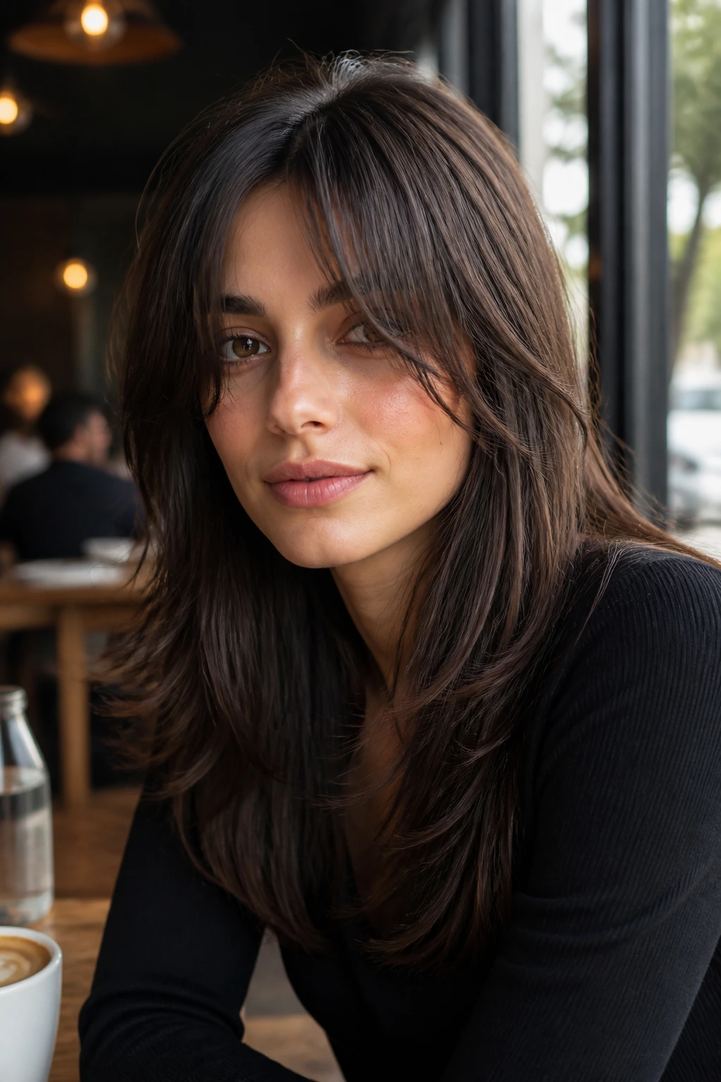 Close-up of woman with long shag and curtain fringe on straight hair