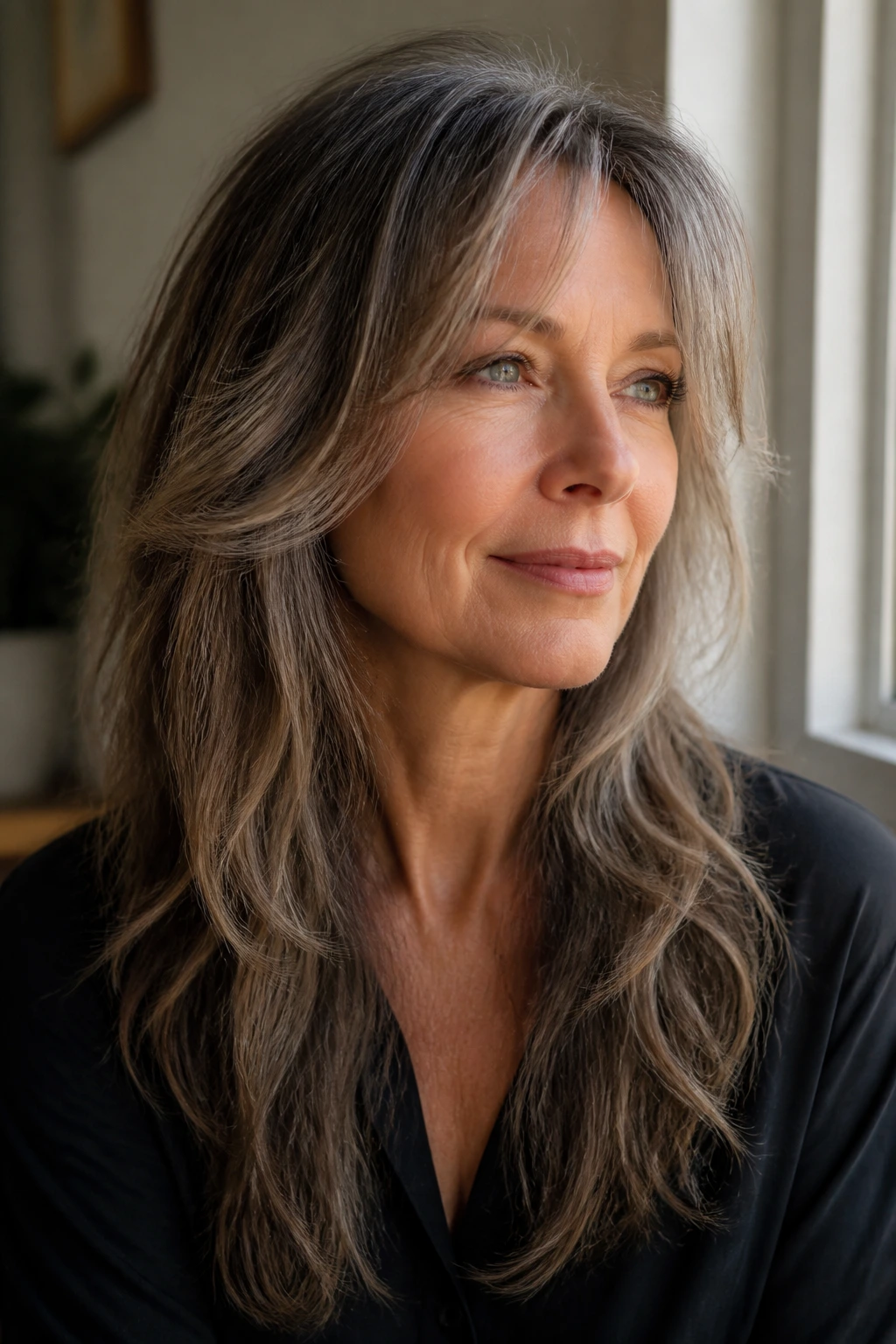 Close-up portrait of a woman with long shag and face-framing layers.