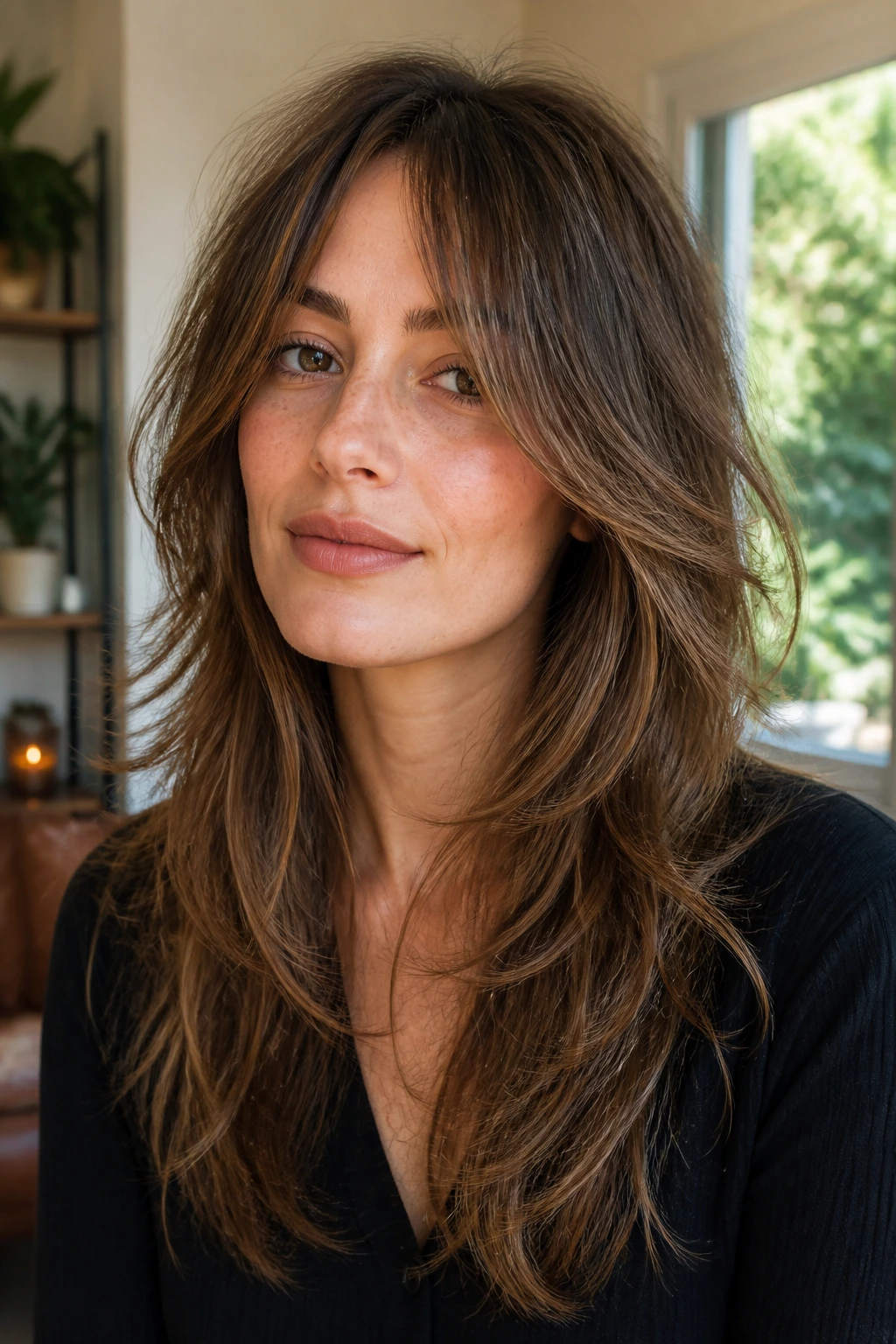 Real woman with long shag and soft feathered ends.