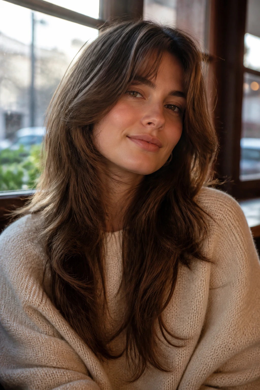 Close-up portrait of a real woman with long shag hair and feathered face-framing