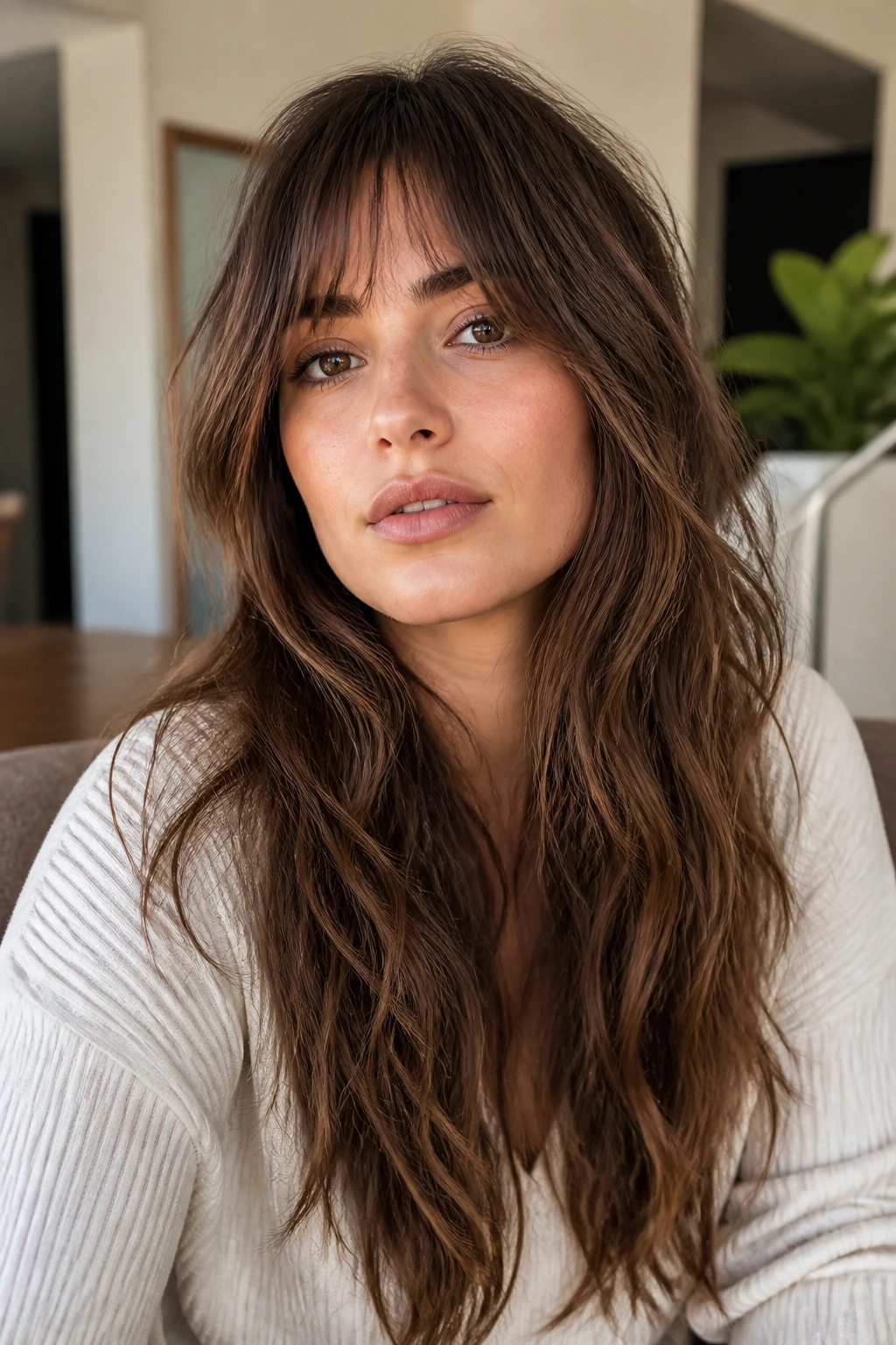 Close-up of a real woman with long shag layers and a soft fringe