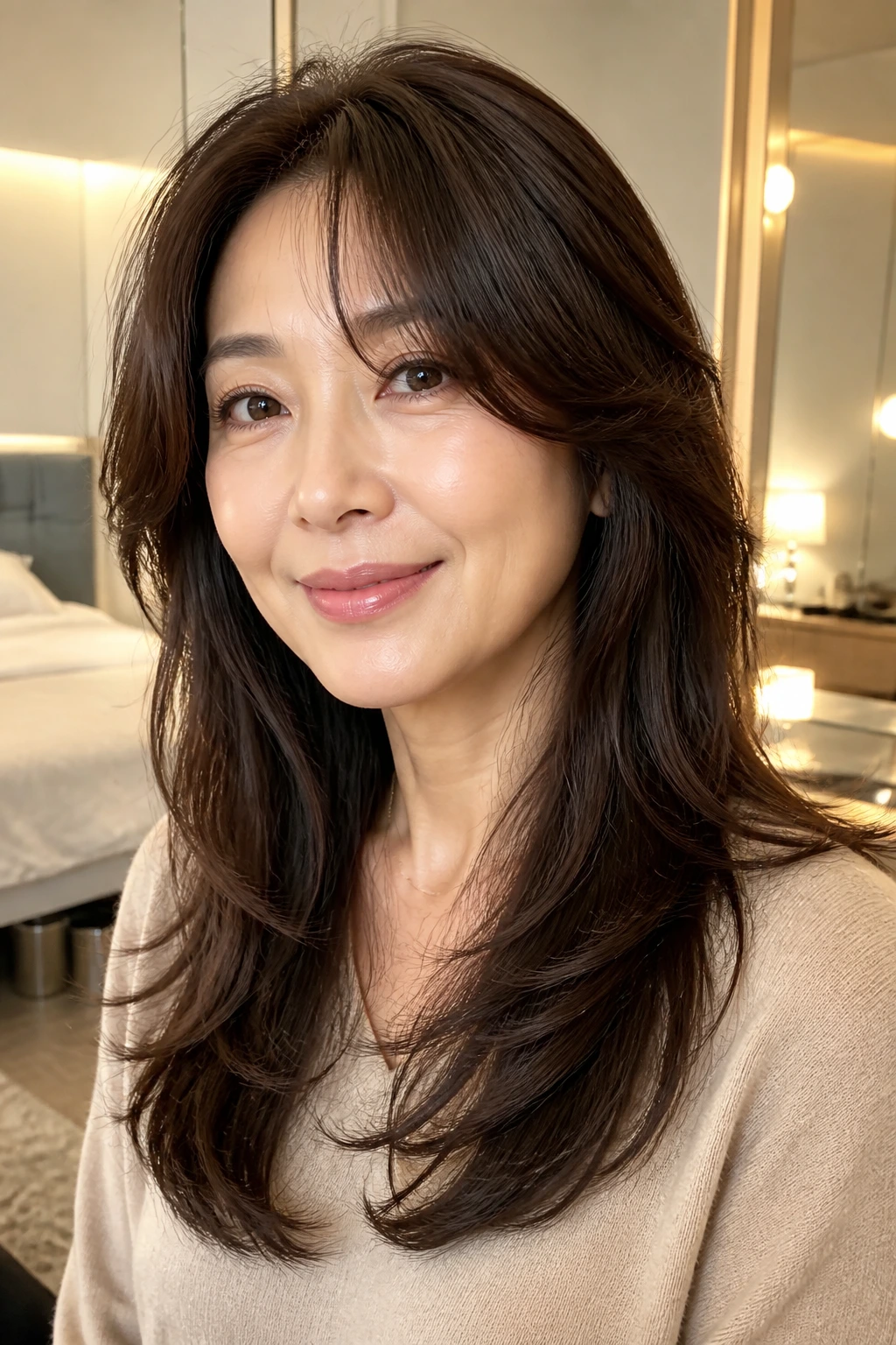 Close-up portrait of a real woman with a glossy long shag and layered ends