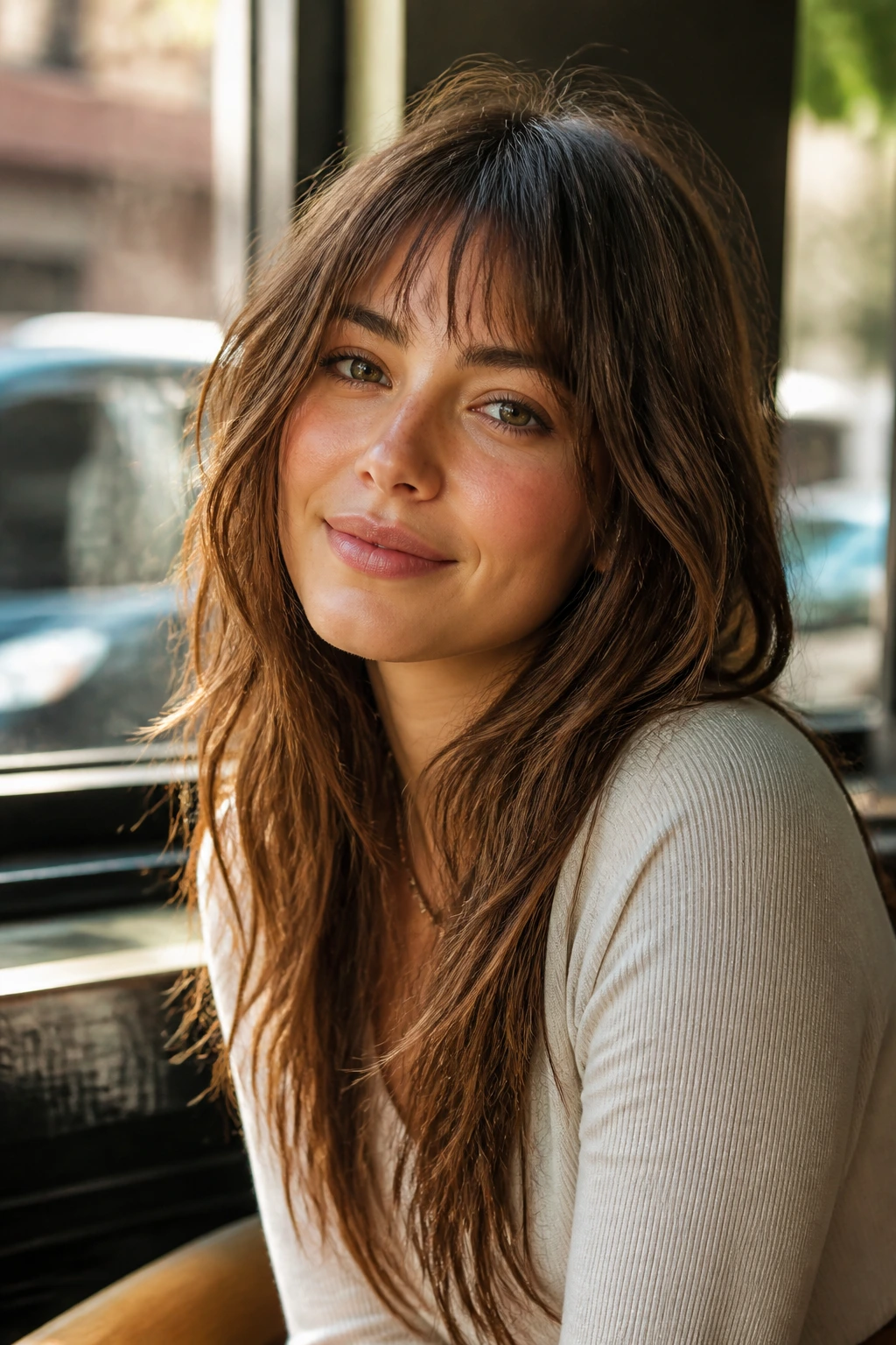 Portrait of a real woman with long shag and grown-out bangs.