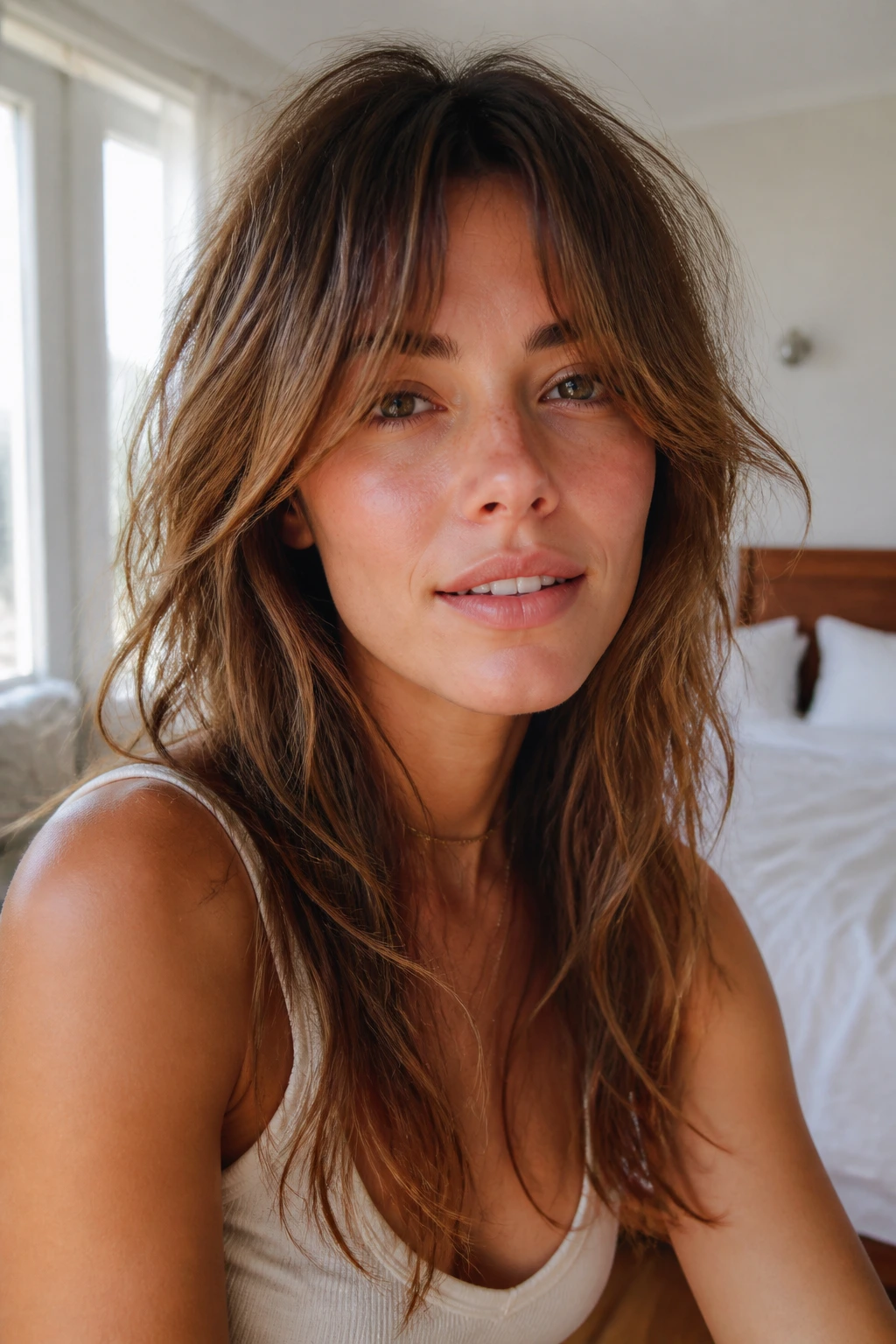 Close-up of a real woman with long shag and grown-out fringe in natural light