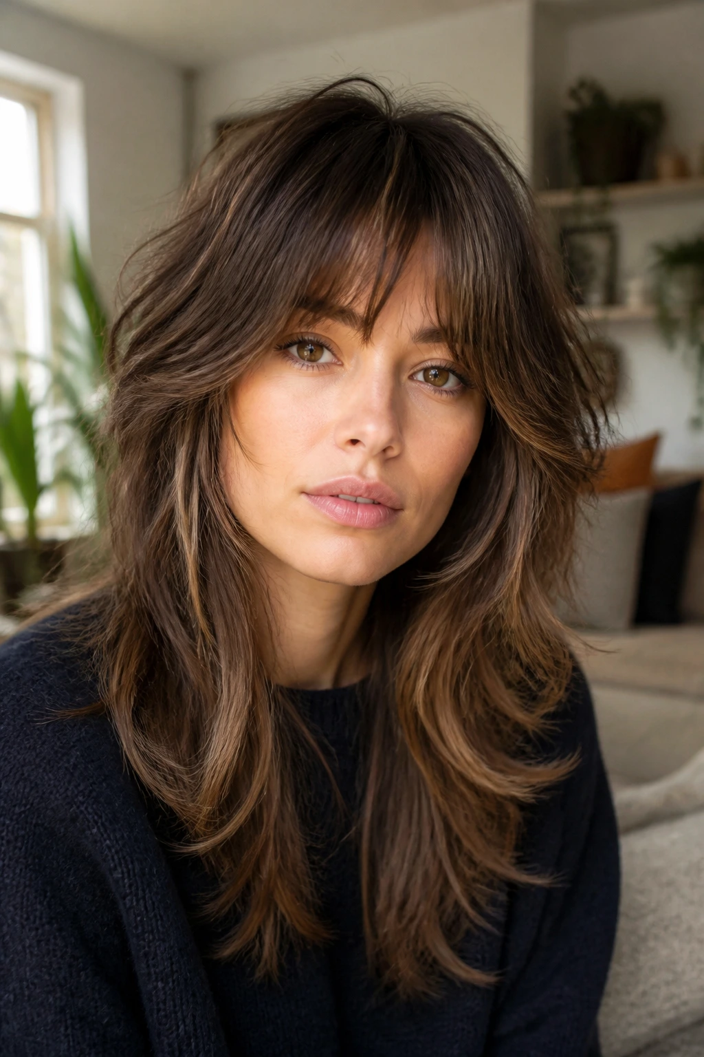 Close-up of a real person with a long shag haircut featuring soft layers and natural movement.