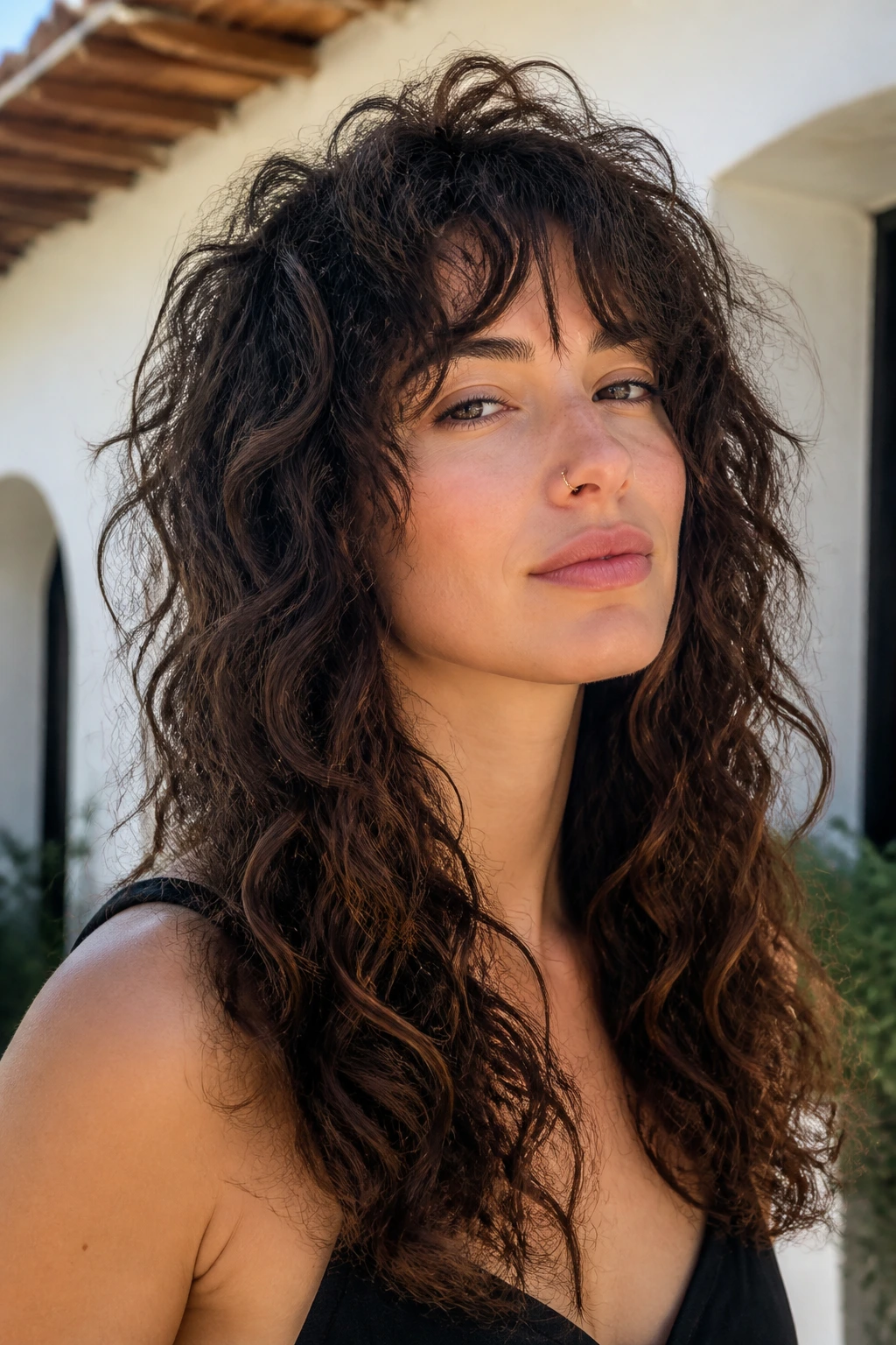 Close-up portrait of a real woman with jagged crown layers in her long shag hairstyle.