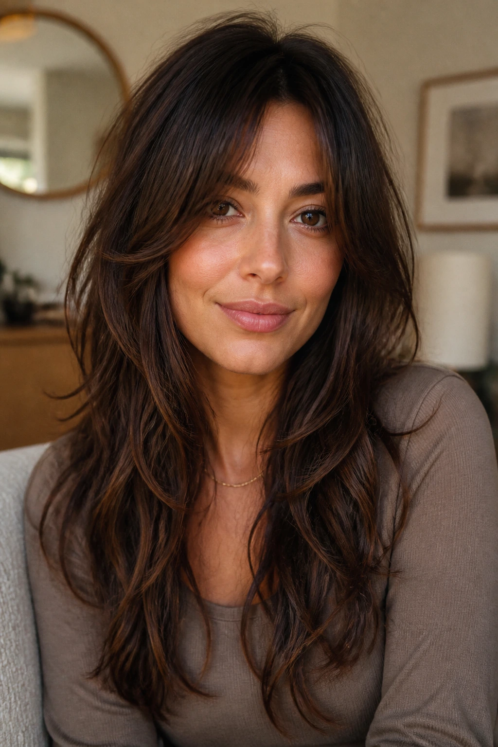 Close-up of a real woman wearing long shag layers that keep cheeks open.