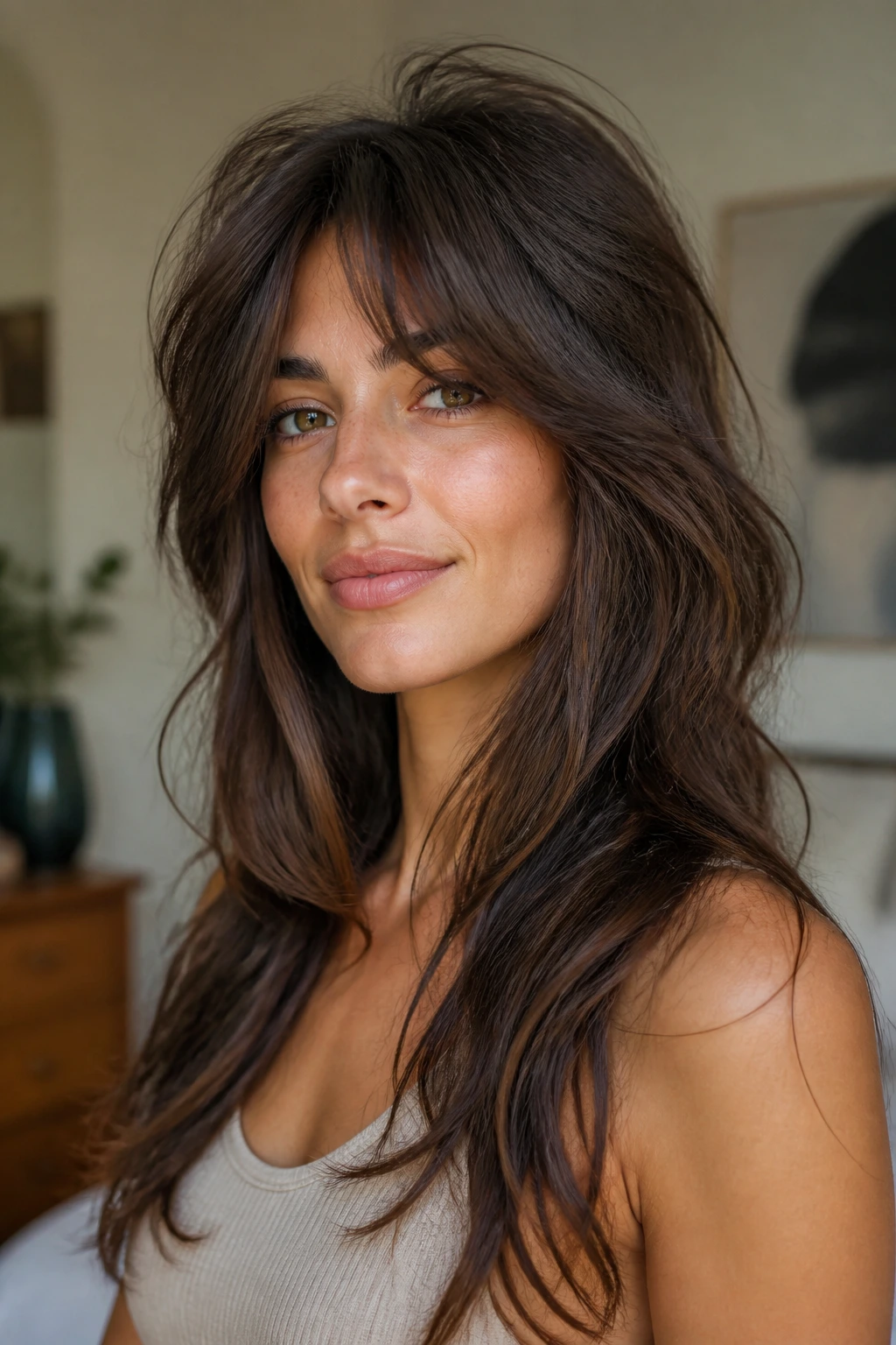 Real woman with long shag layers and airy crown texture.