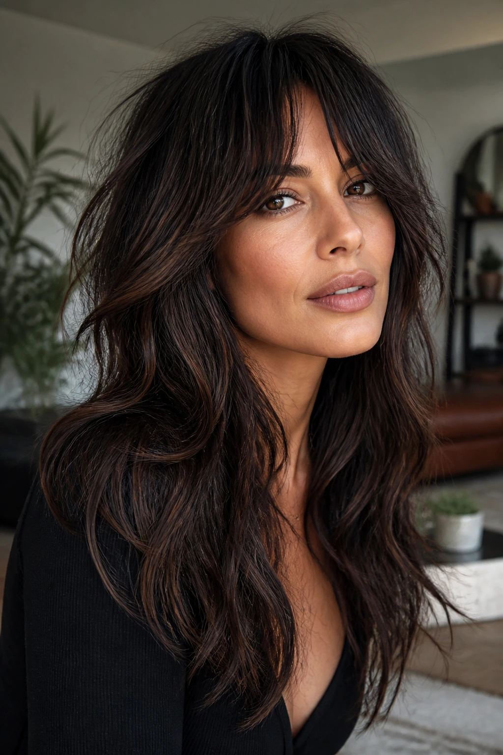 Real woman with long shag layers and espresso lowlights in a softly lit room