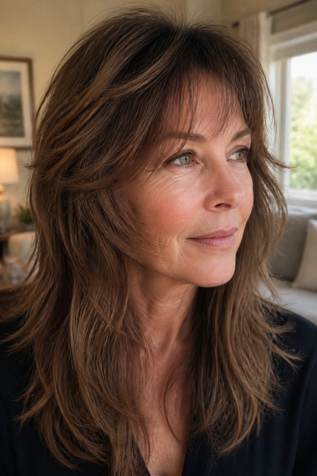 Close-up portrait of a real woman with long shag with sideburn layers, natural window light