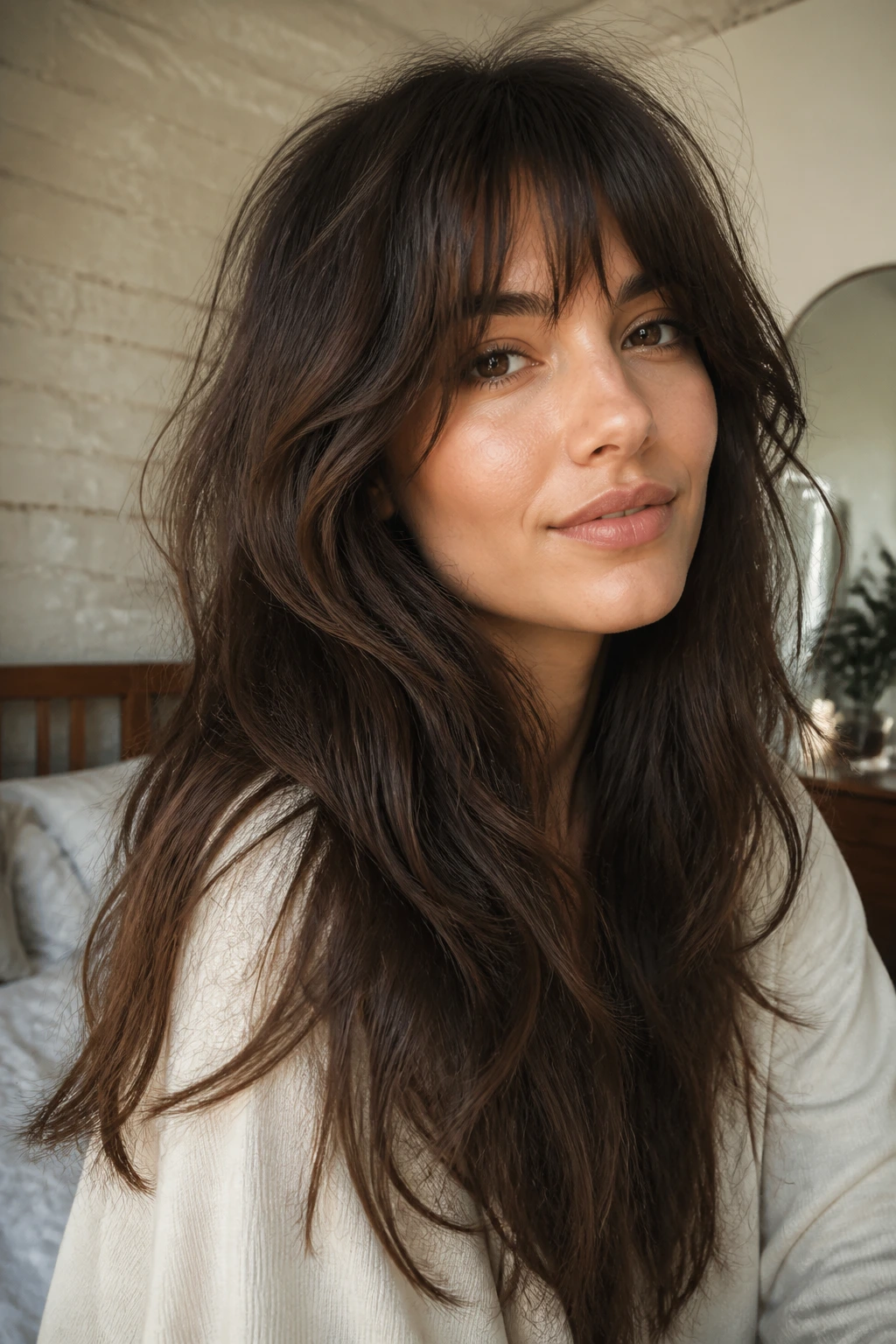 Portrait of a real woman with long shag layers and a soft fringe