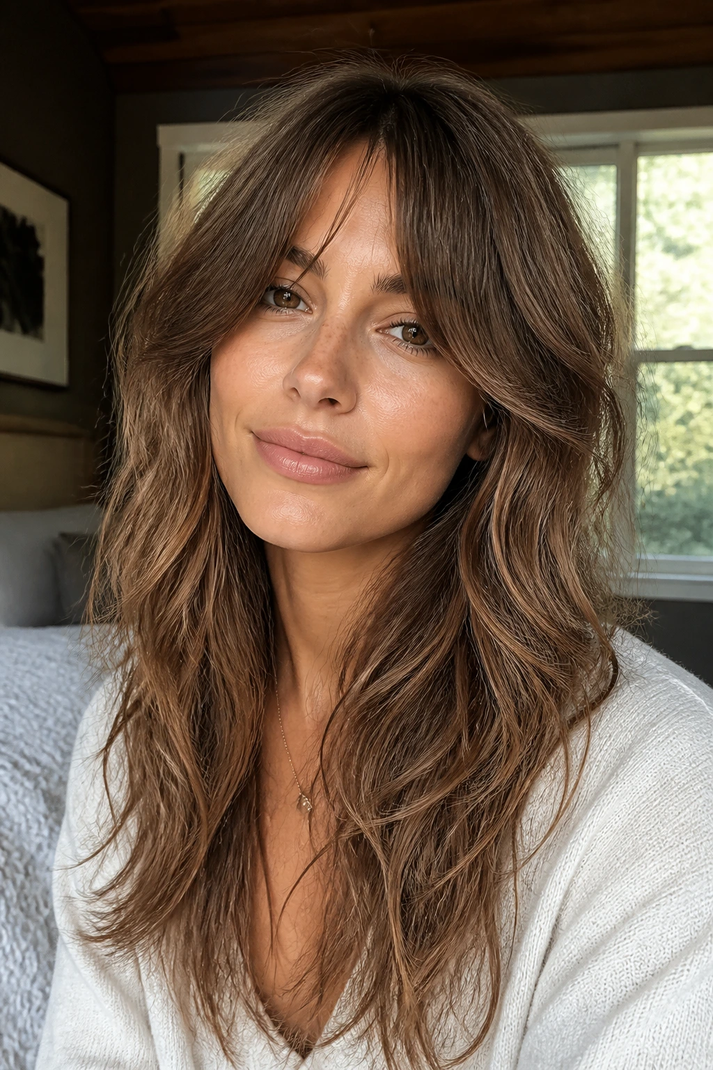 Close-up portrait of a real woman with long shag-lite curtain bangs in natural window light