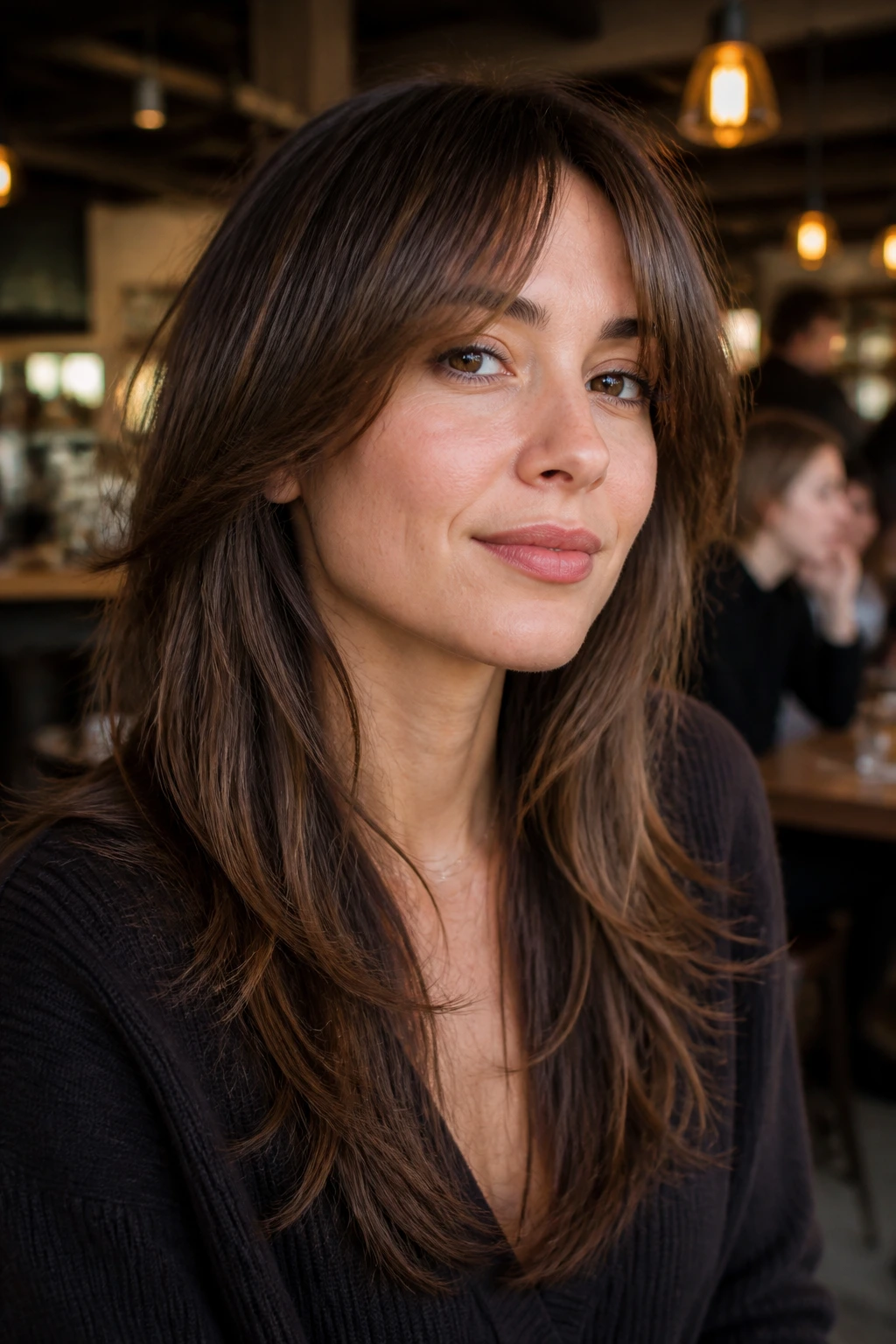 Close-up of real woman with long shag lite hairstyle