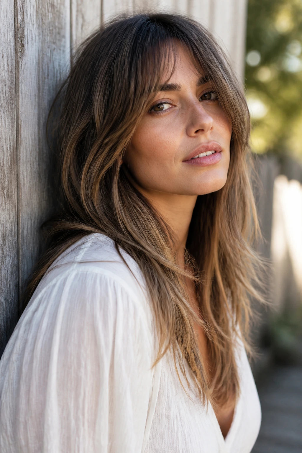 Close-up of real woman with long shag lite texture in natural outdoor light
