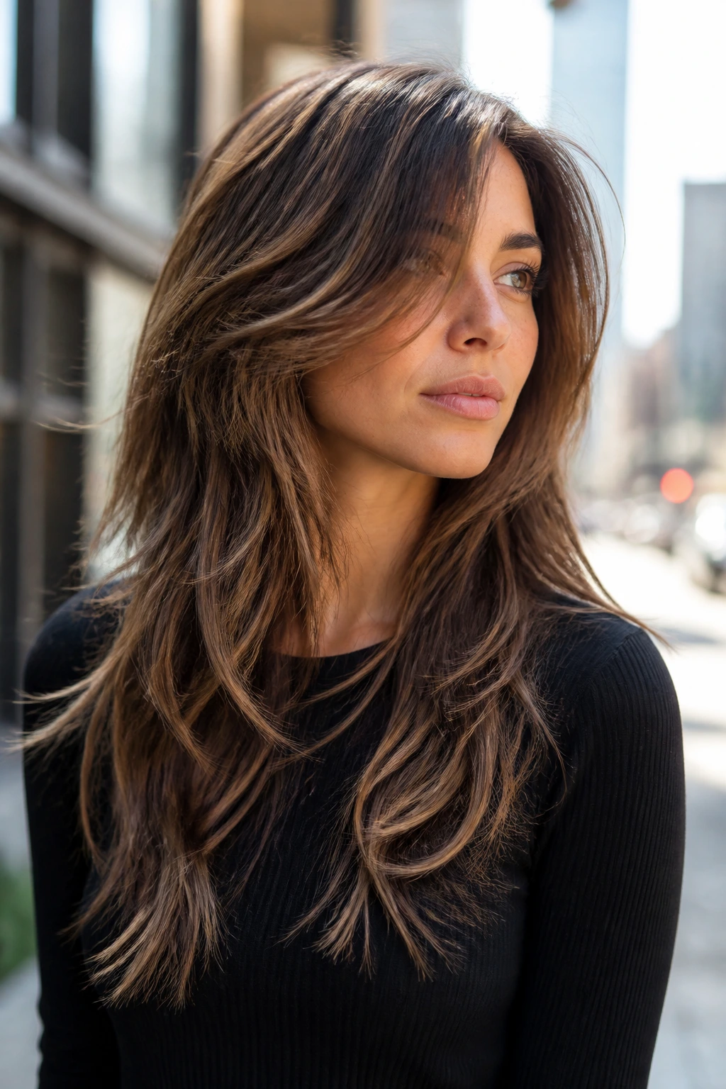 Close-up of a real woman with long textured layers and a side-swept front.
