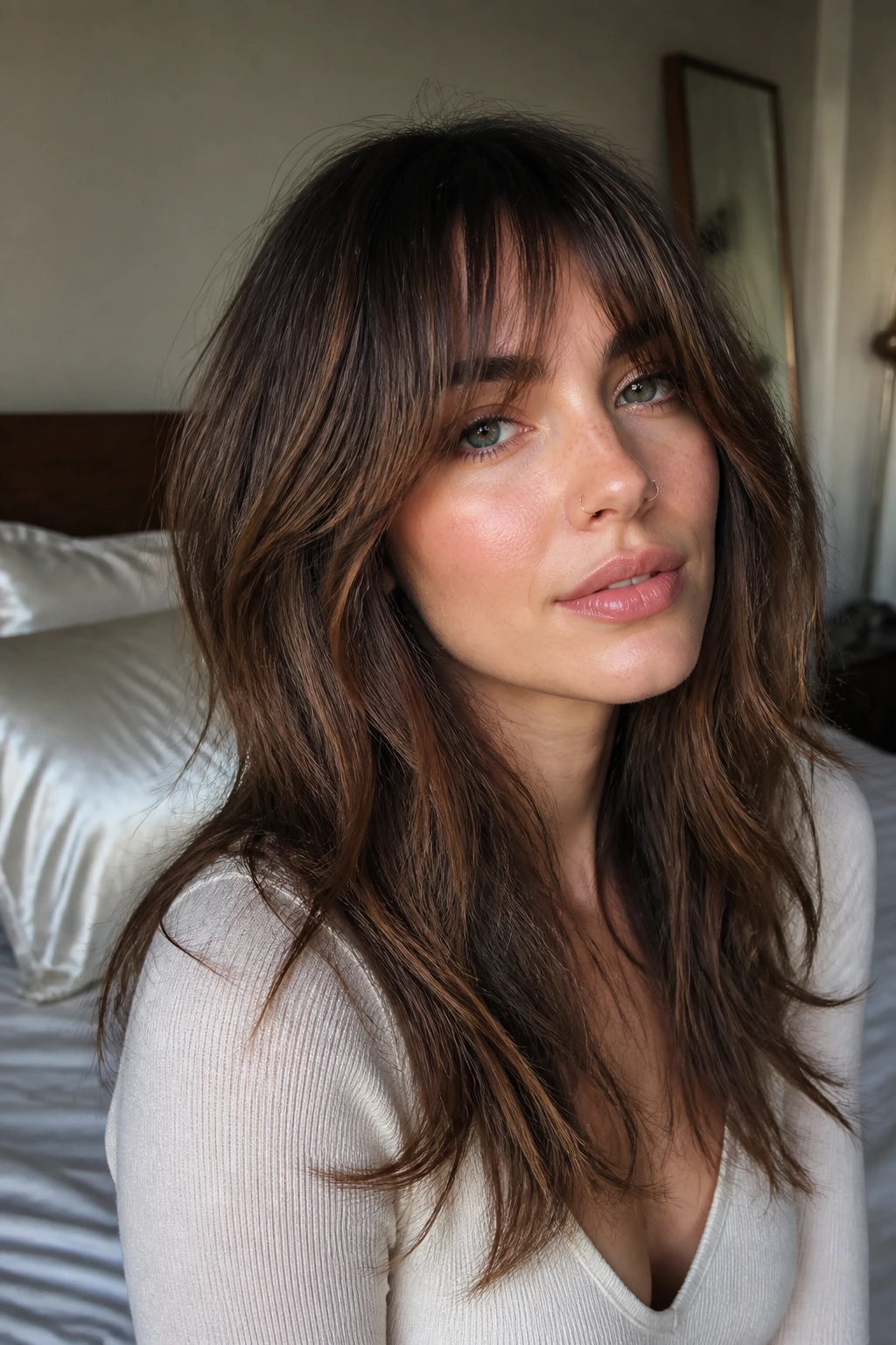 Close-up portrait of a real woman with long shag and fringe in a bedroom setting