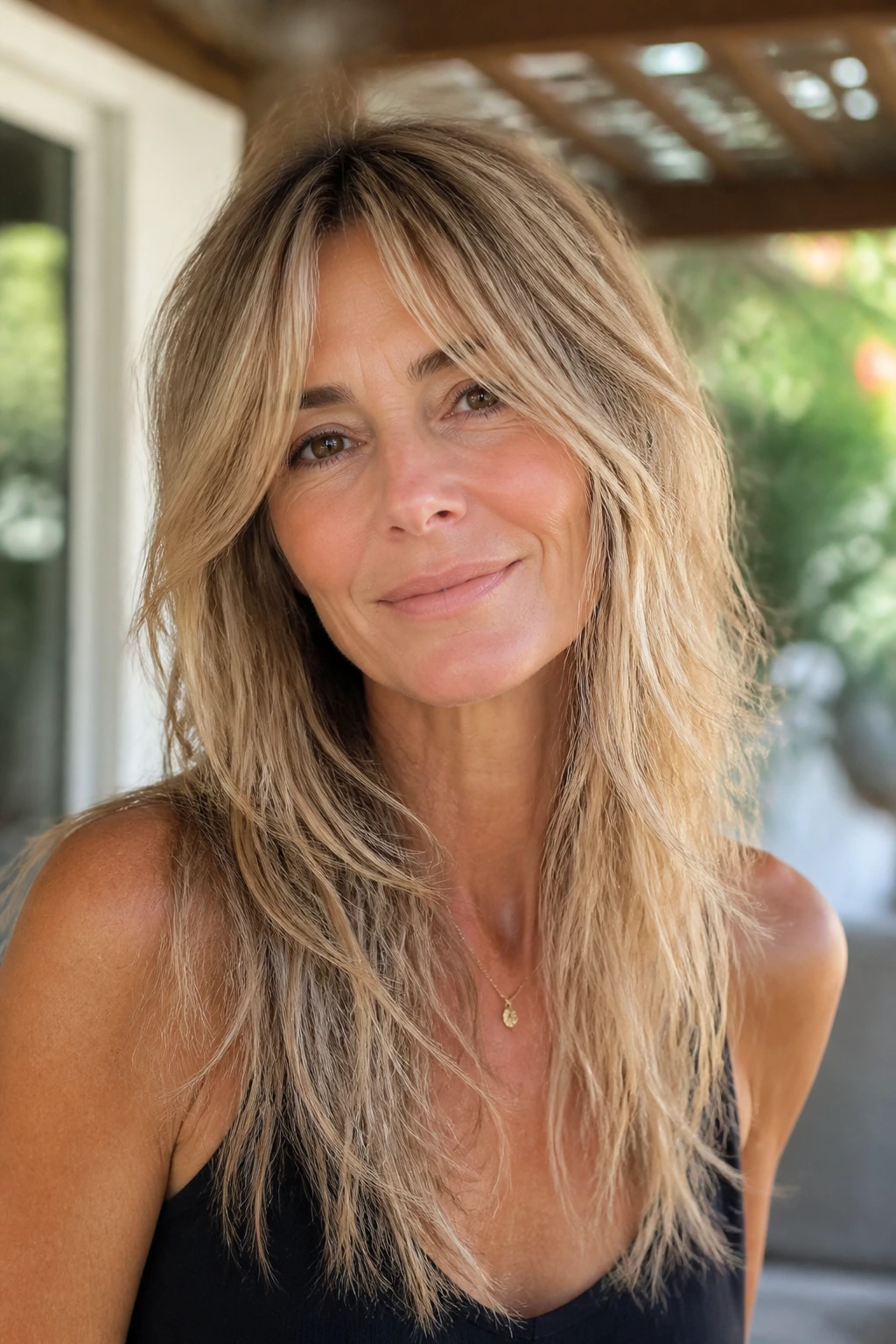 Close-up of a woman with a long shag haircut and middle-split fringe