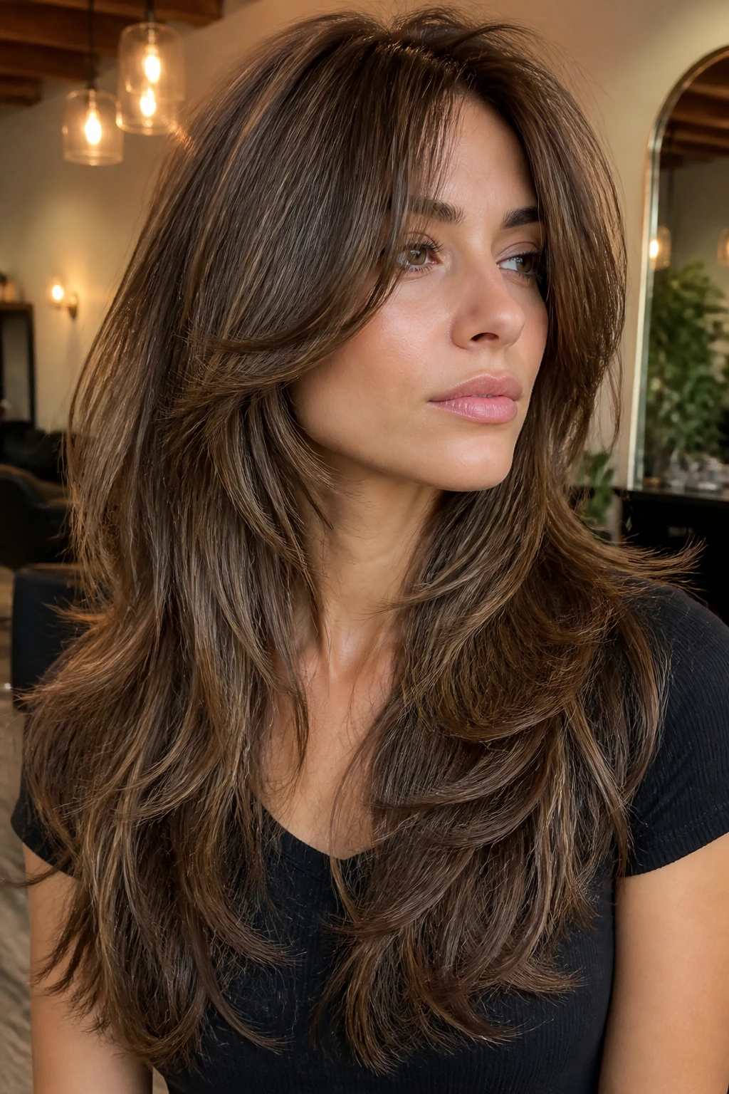 Portrait of a real woman with a long shag showing defined layers and movement, thick hair